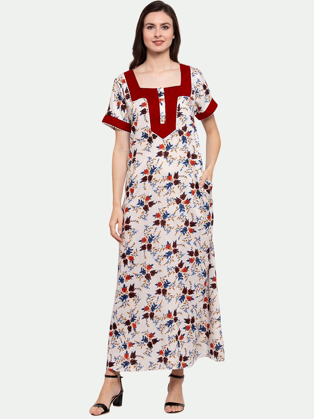 

PATRORNA Cream-Coloured Printed Maxi Nightdress