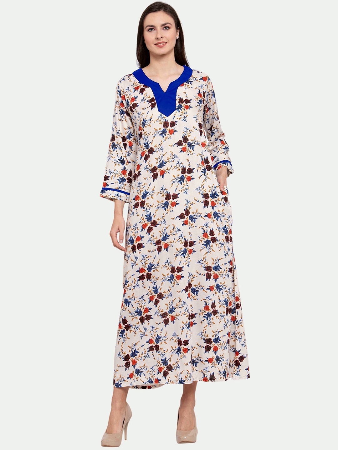 

PATRORNA Cream-Coloured Printed Maxi Nightdress