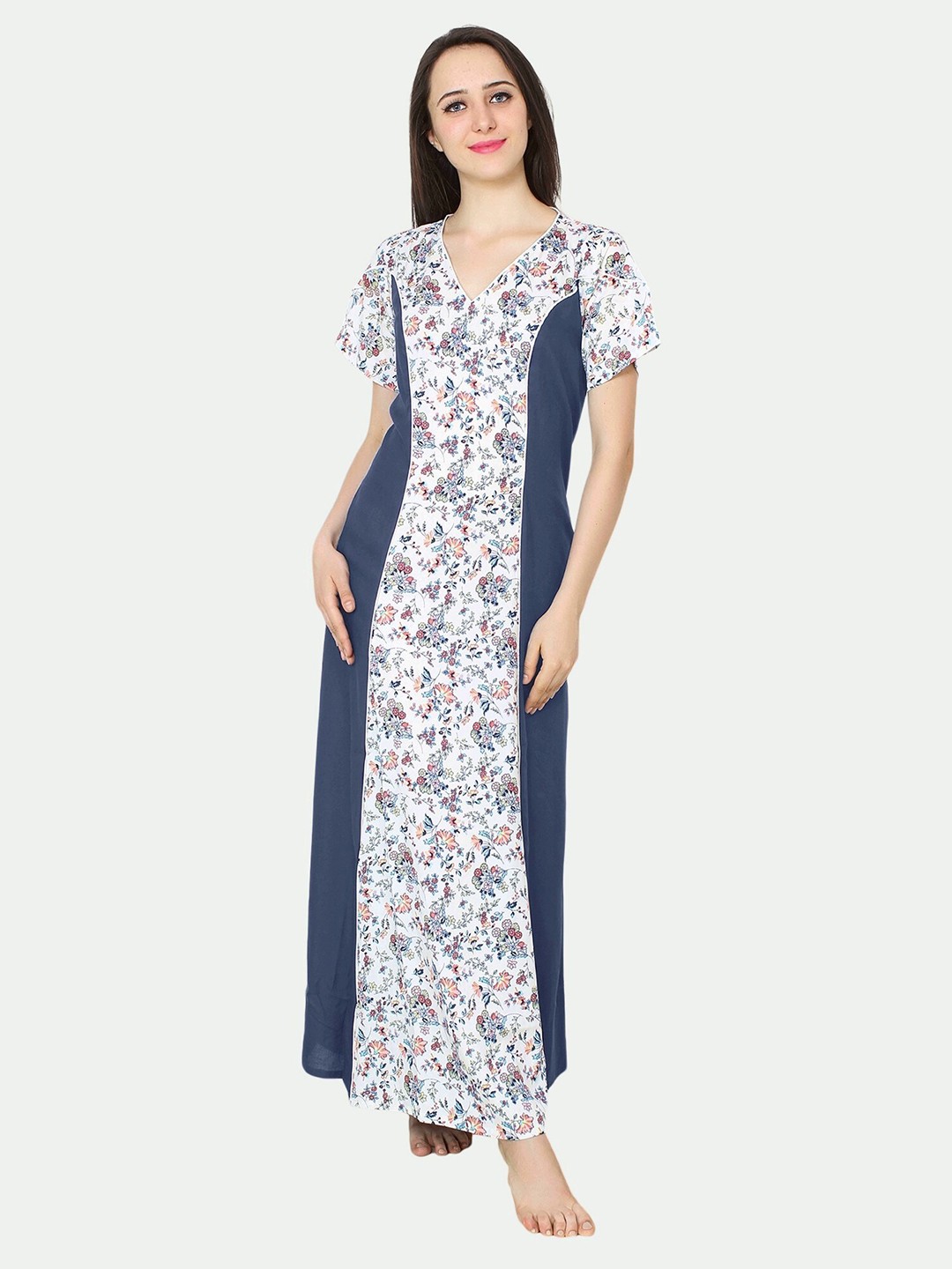 

PATRORNA Navy Blue Printed Maxi Nightdress