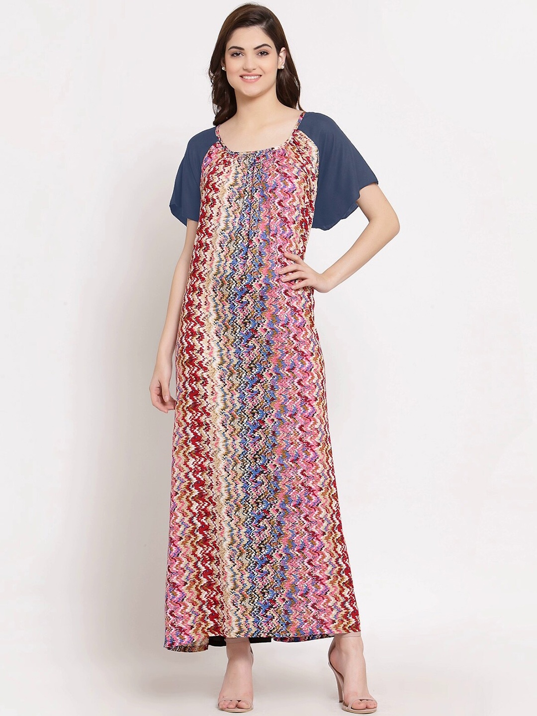 

PATRORNA Navy Blue Printed Maxi Nightdress