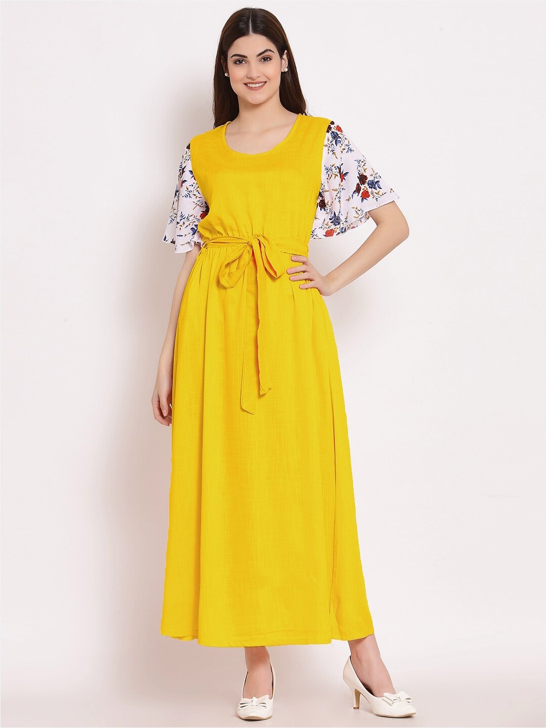 

PATRORNA Mustard Printed Maxi Nightdress