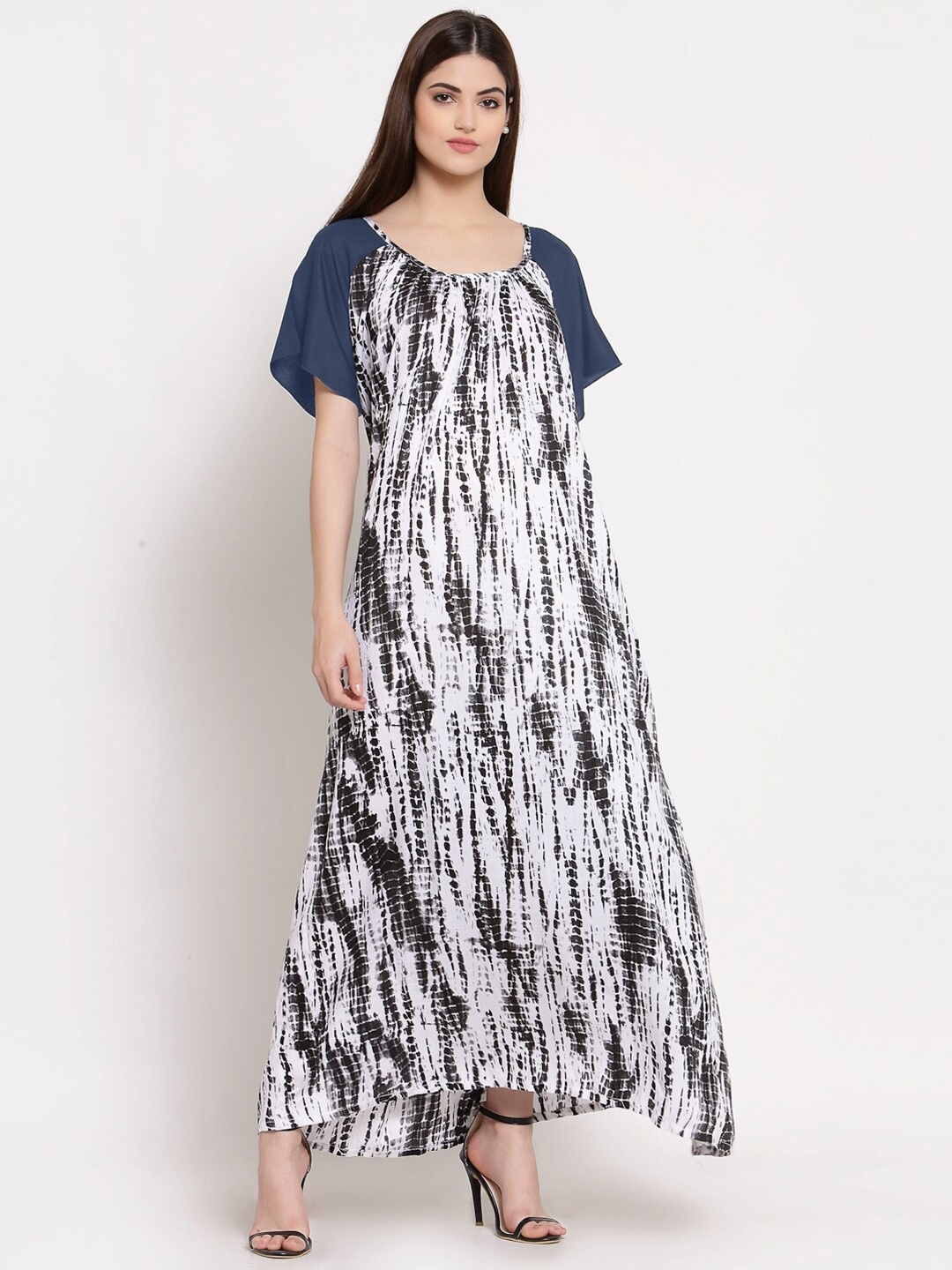 

PATRORNA Navy Blue Printed Maxi Nightdress