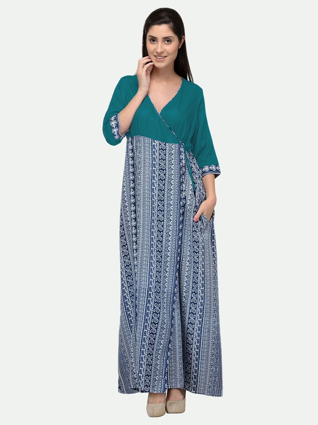 

PATRORNA Green Printed Maxi Nightdress