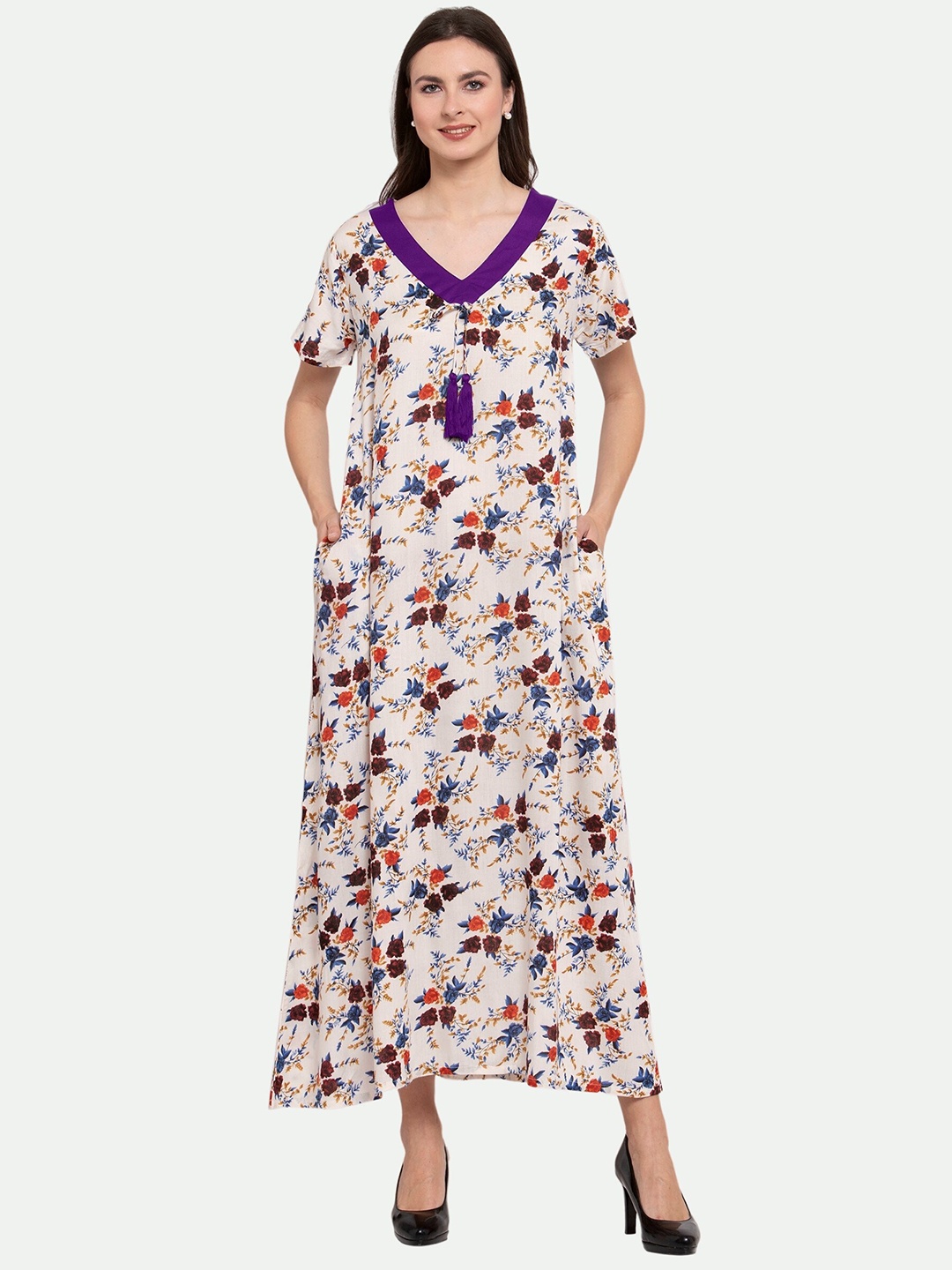 

PATRORNA Cream-Coloured Printed Maxi Nightdress