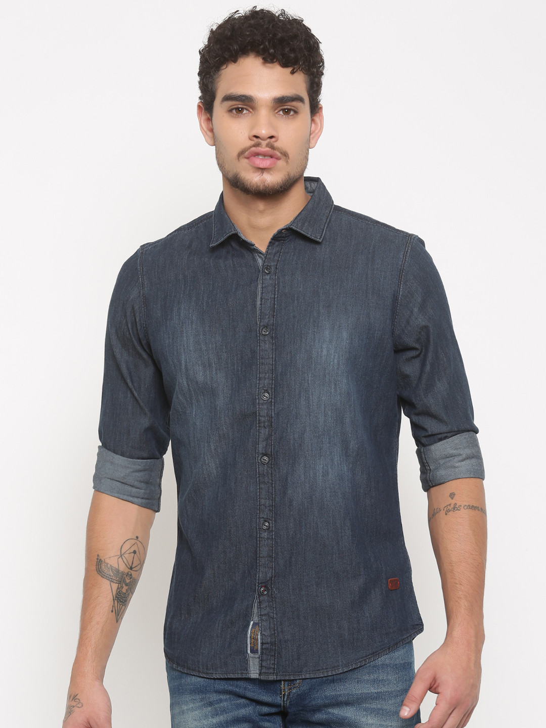 

Being Human Clothing Men Navy Chambray Slim Fit Solid Casual Shirt, Navy blue