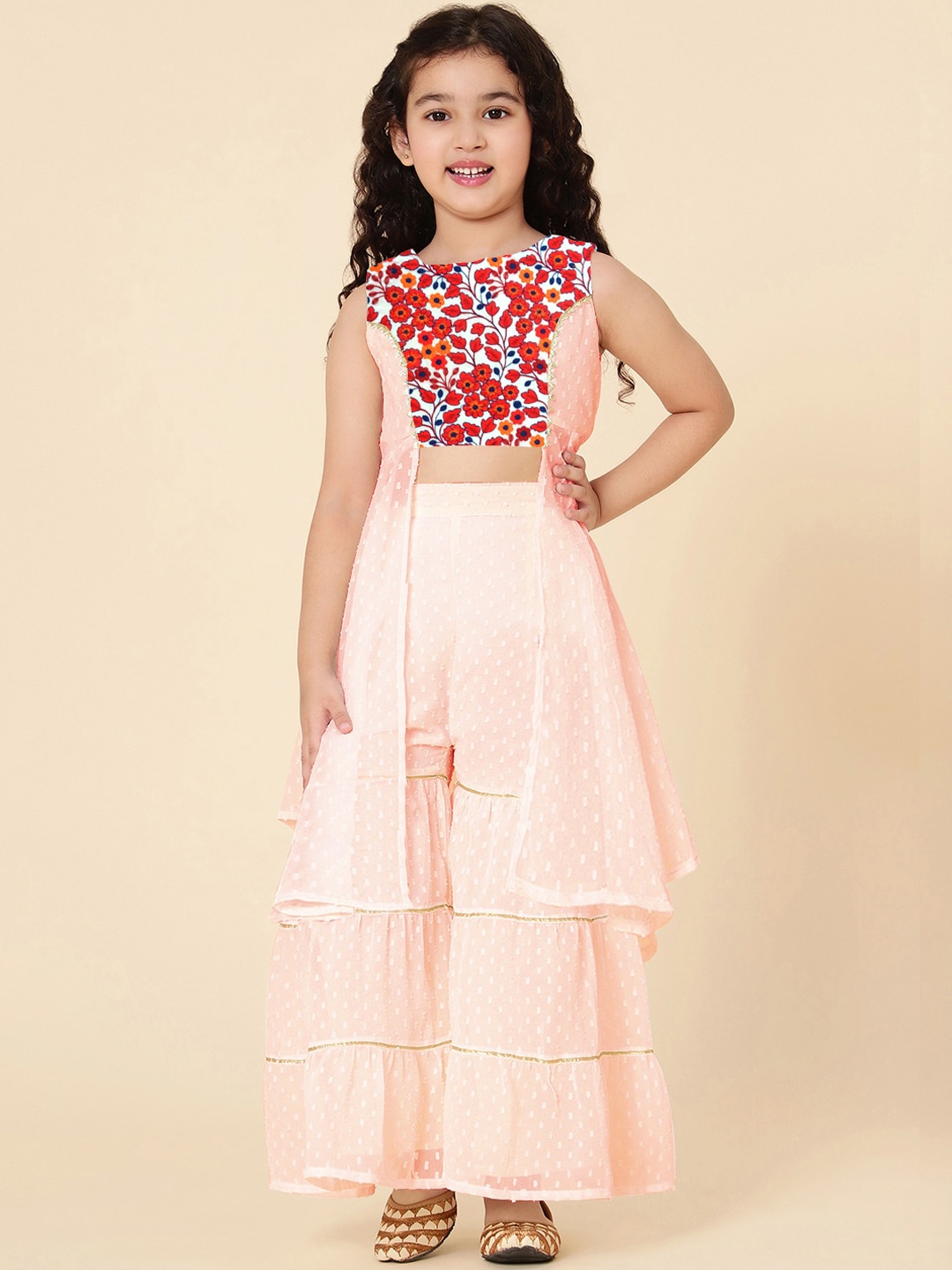 

A T U N Girls Peach-Coloured Embroidered Panelled Kurta with Sharara