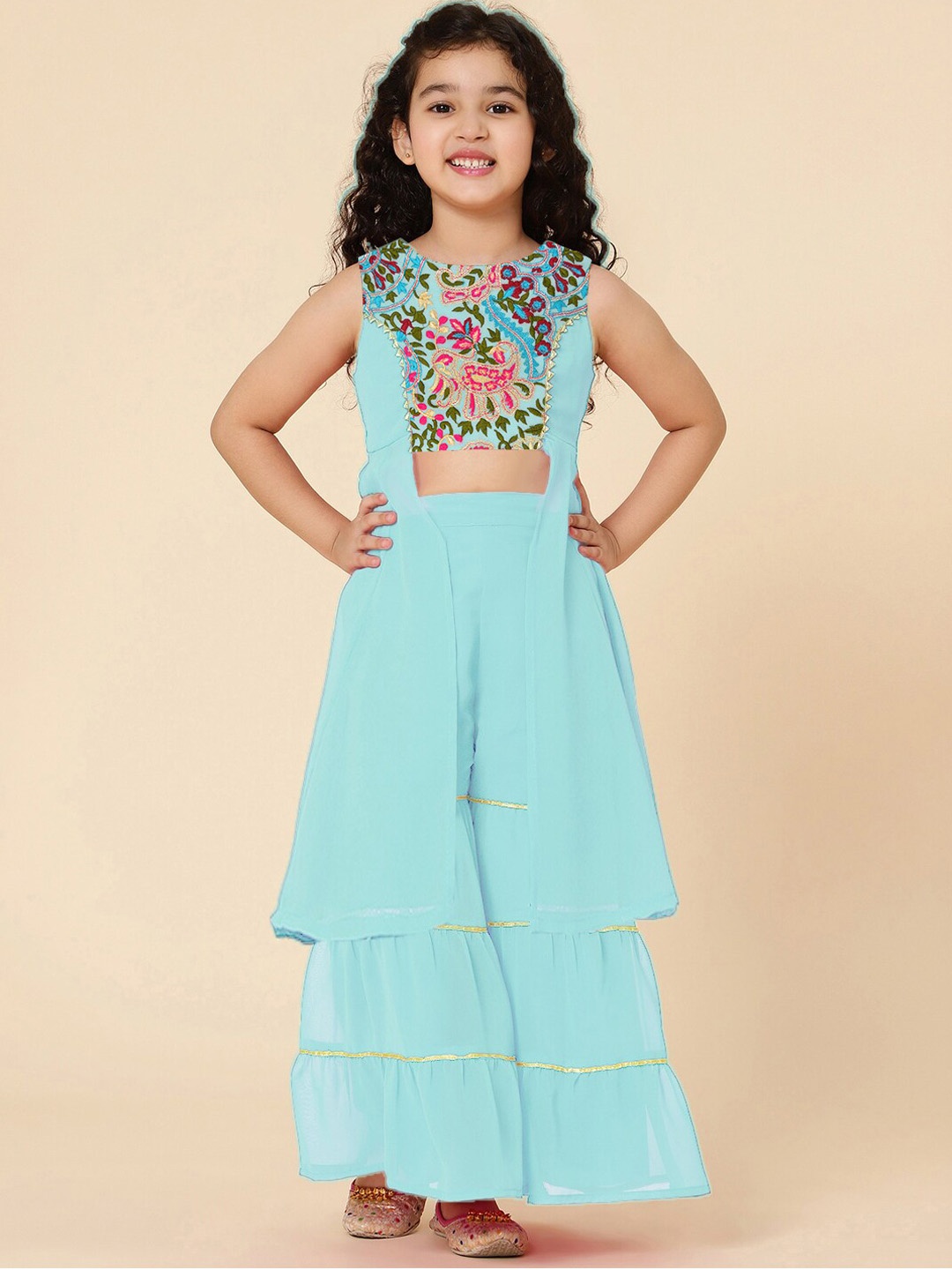 

A T U N Girls Blue Floral Embroidered Thread Work Kurta with Sharara