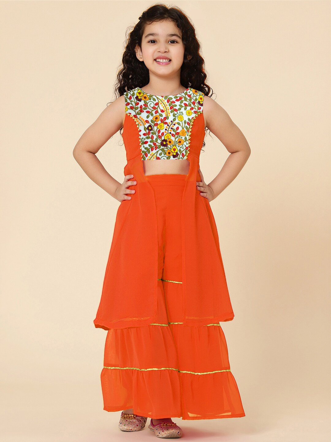

A T U N Girls Orange Floral Embroidered Kurta with Sharara