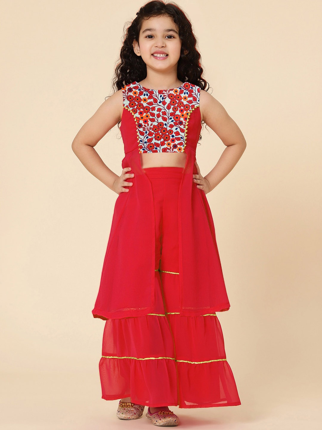 

A T U N Girls Red Floral Embroidered Thread Work Kurta with Sharara