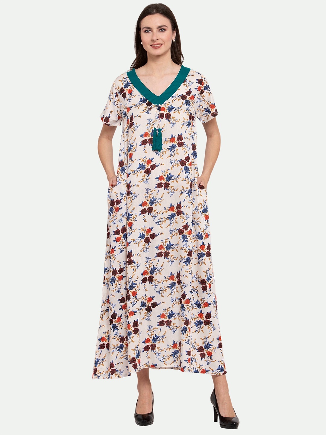 

PATRORNA Women Cream Printed Maxi Nightdress