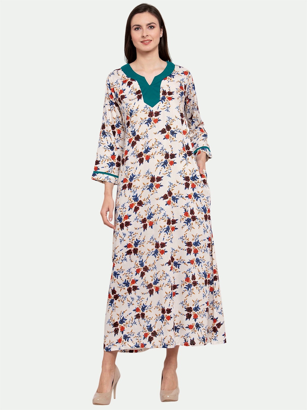 

PATRORNA Women Cream-Coloured Printed Maxi Nightdress