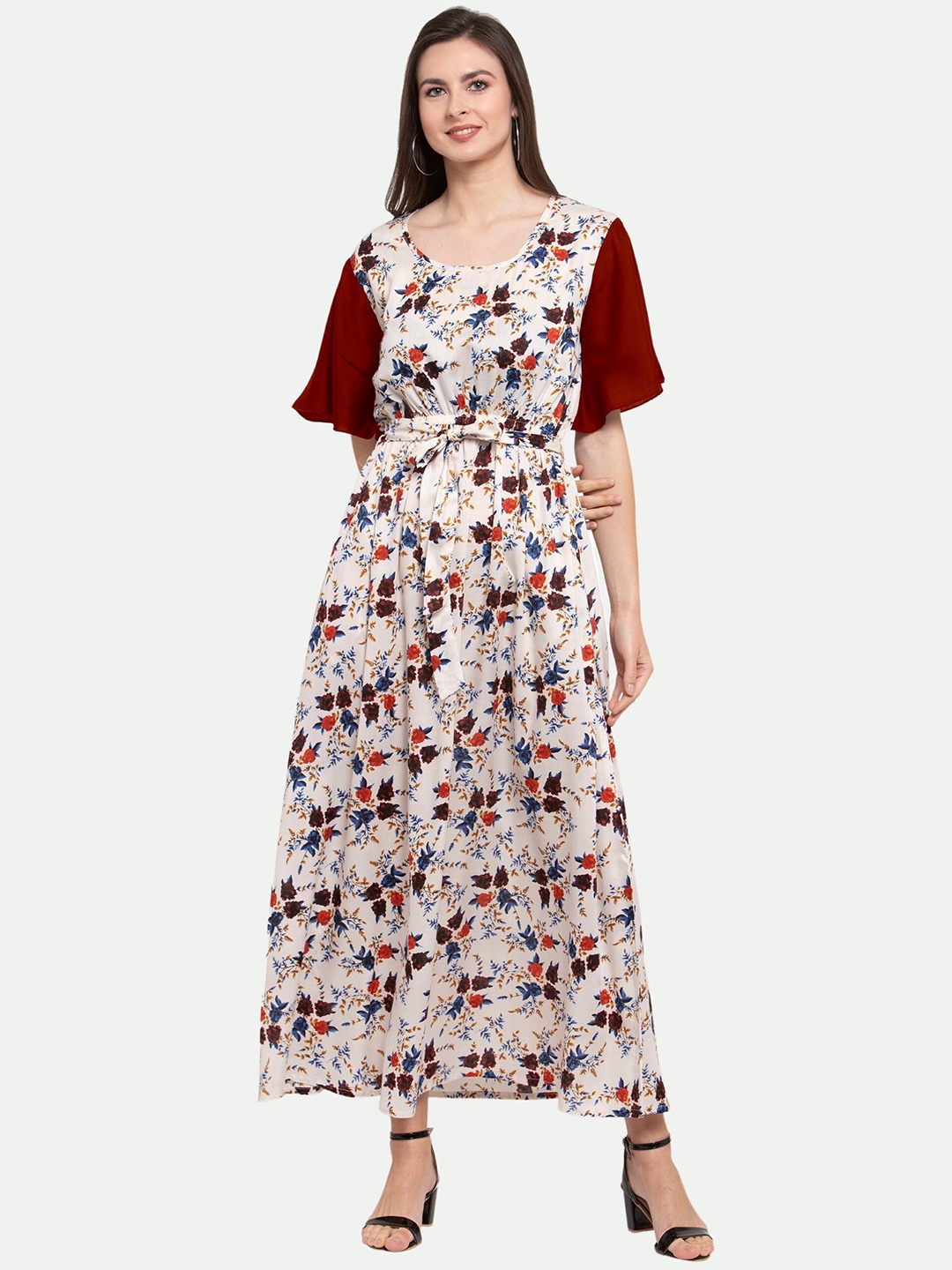 

PATRORNA Women Cream-Coloured Printed Maxi Nightdress