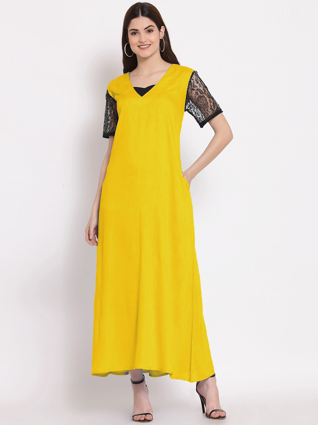 

PATRORNA Women Mustard Maxi Nightdress