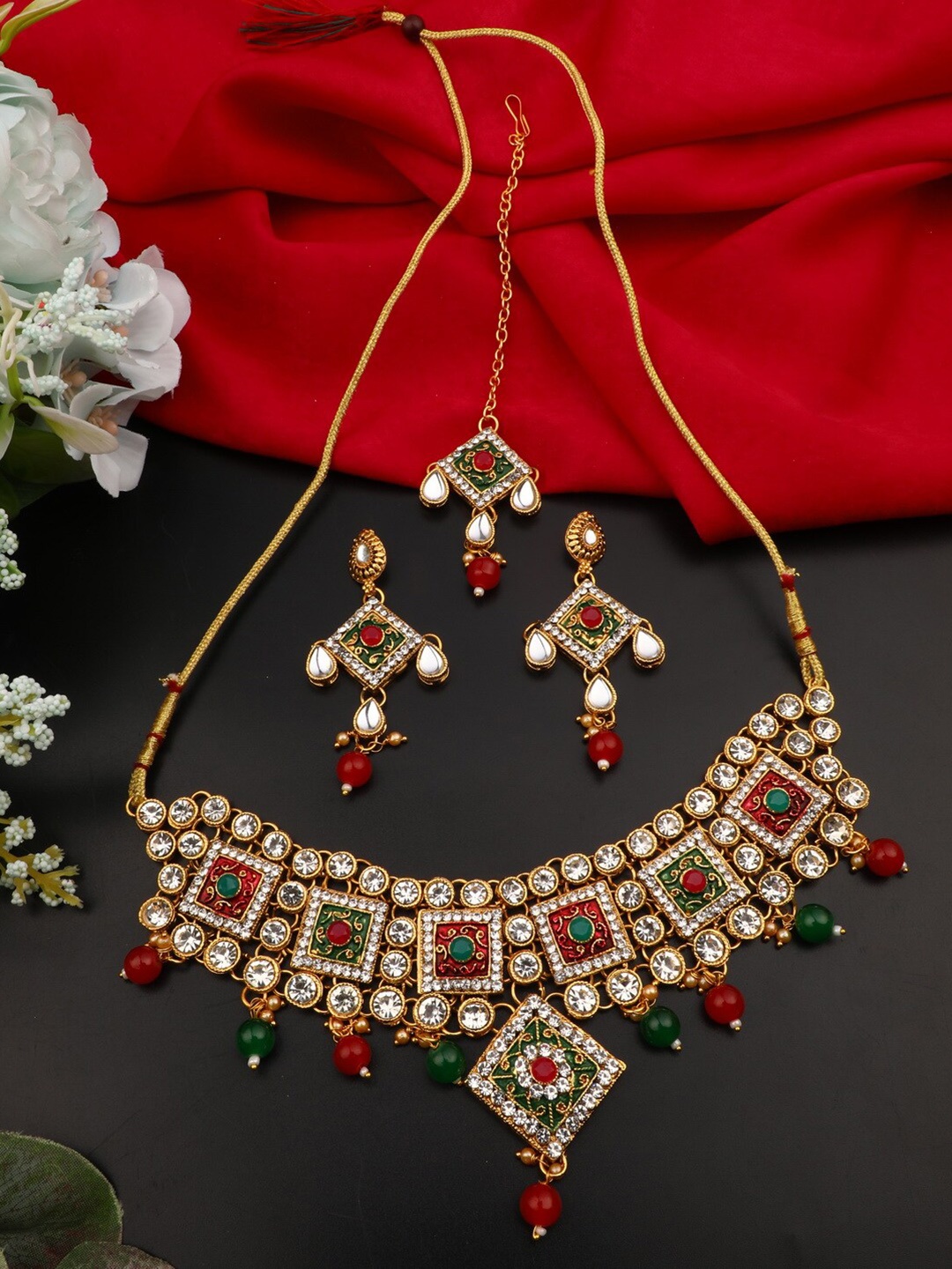 

Vita Bella Gold-Plated Maroon & Green CZ-Studded Jewellery Set