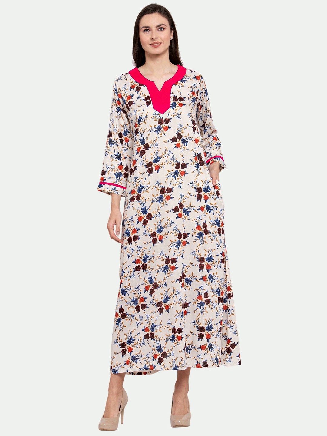 

PATRORNA Cream-Coloured Printed Maxi Nightdress