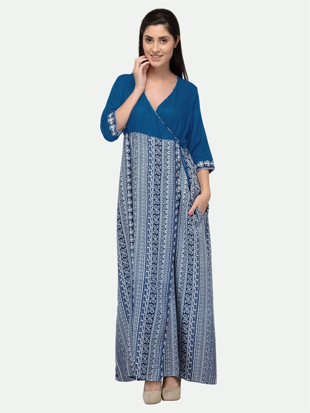 

PATRORNA Blue Printed Maxi Nightdress
