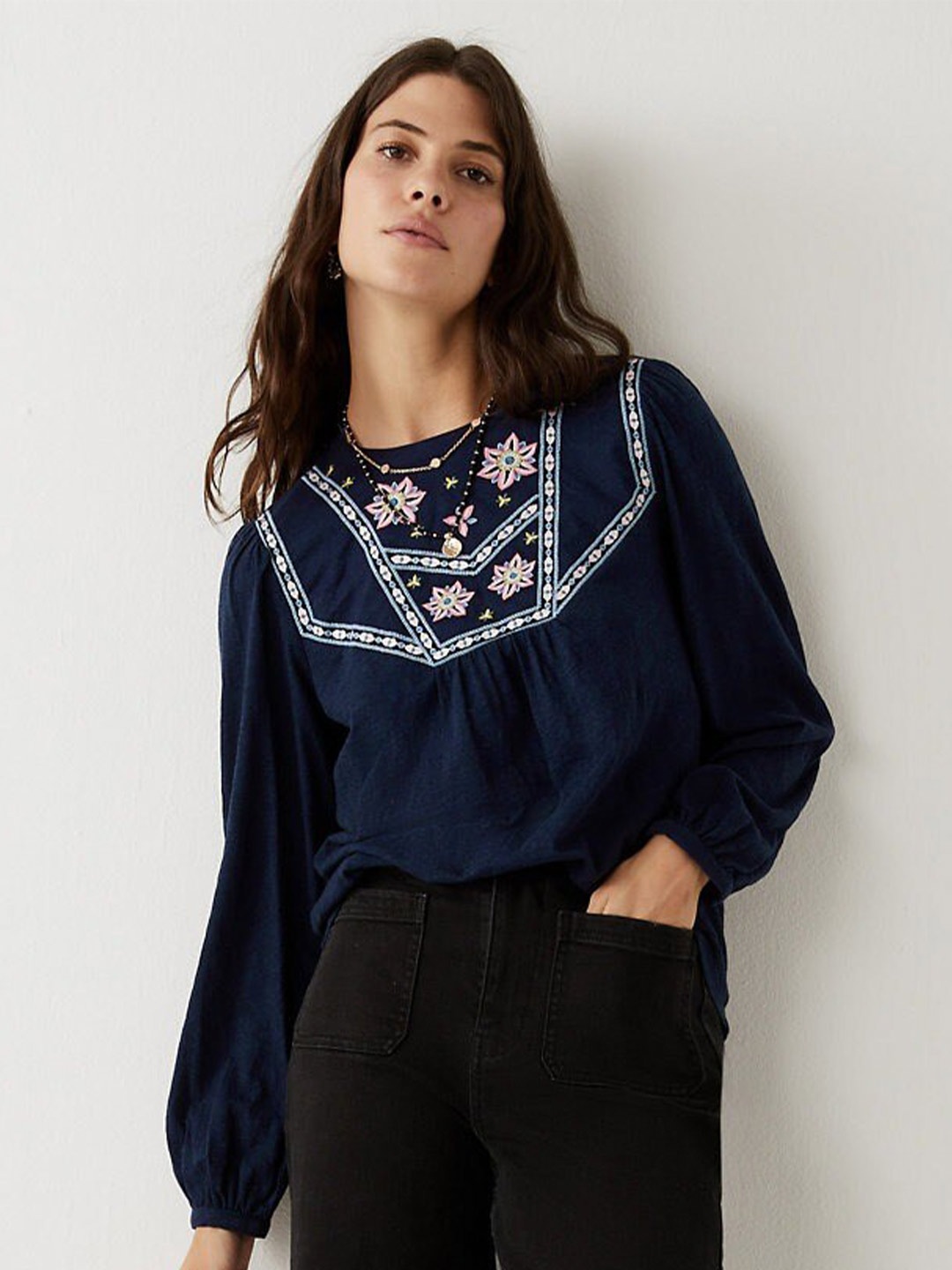 

Marks & Spencer Women Navy Blue Floral Embroidered Pure Cotton Top