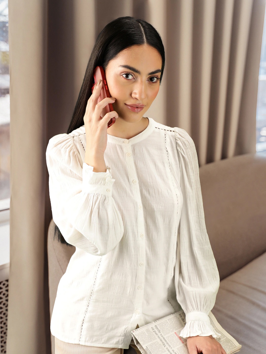 

Marks & Spencer Women White Solid Mandarin Collar Top