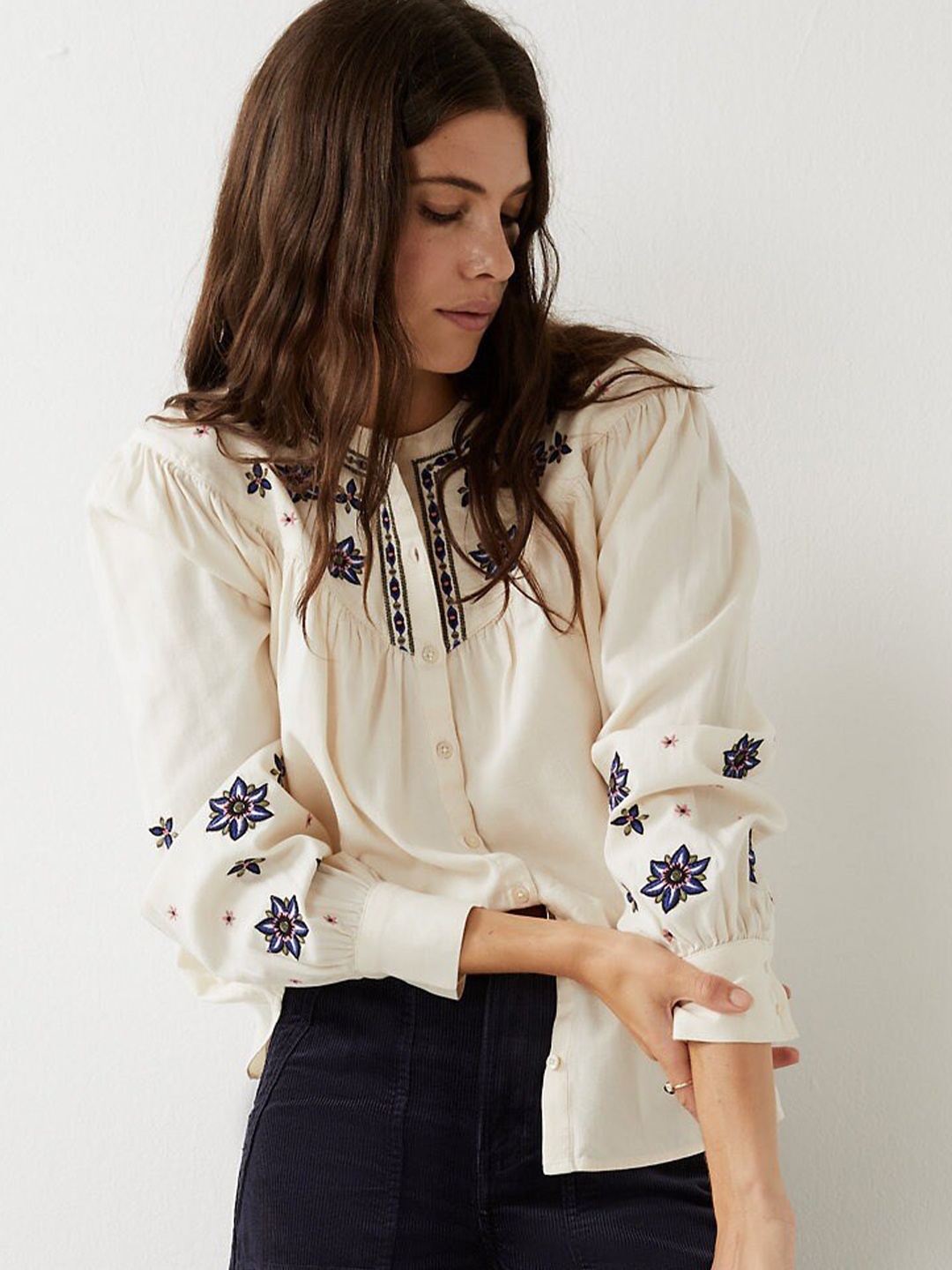 

Marks & Spencer Women Cream-Colored & Blue Floral Embroidered Pure Cotton Top