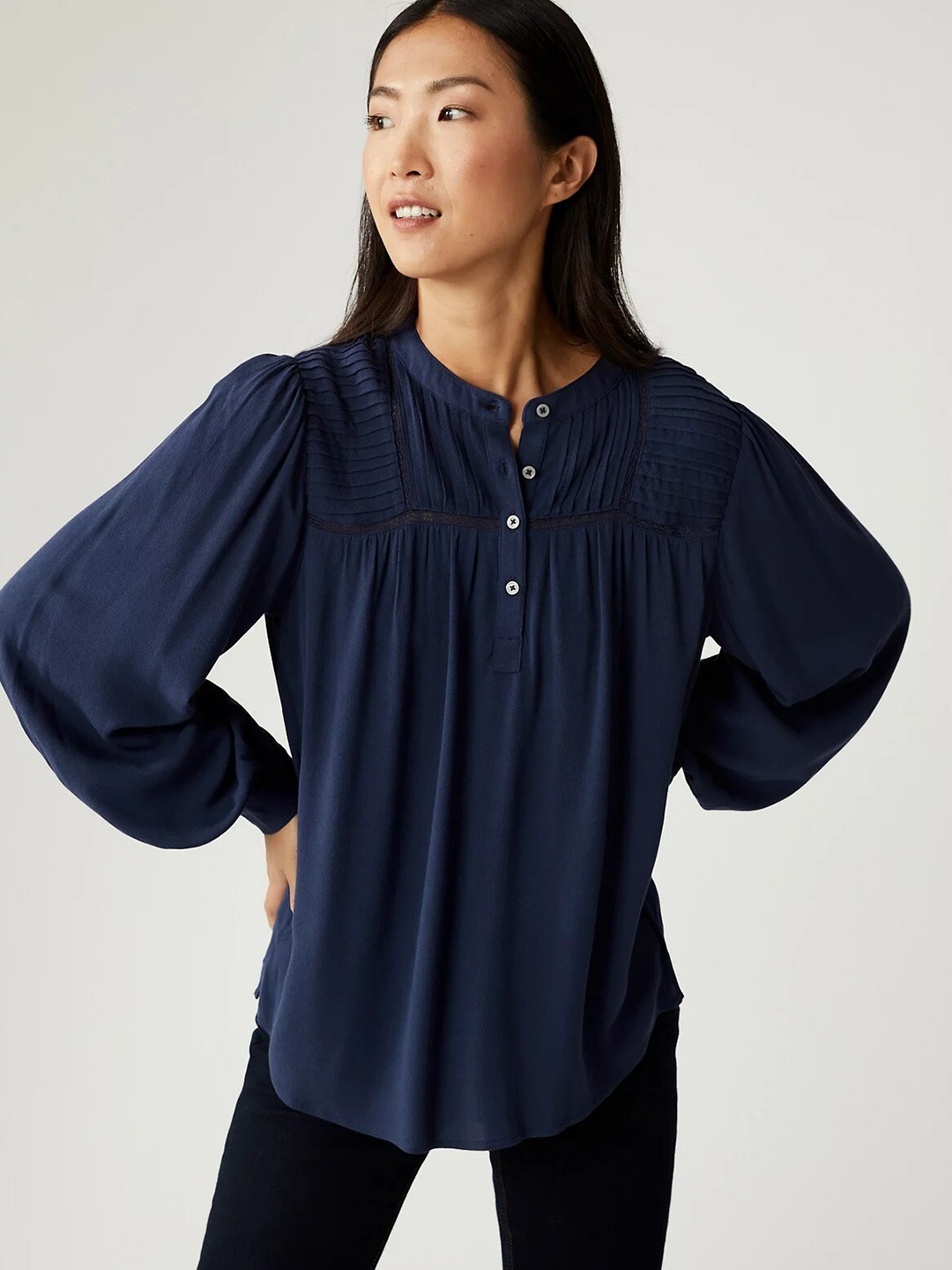 

Marks & Spencer Women Blue Mandarin Collar Shirt Style Top