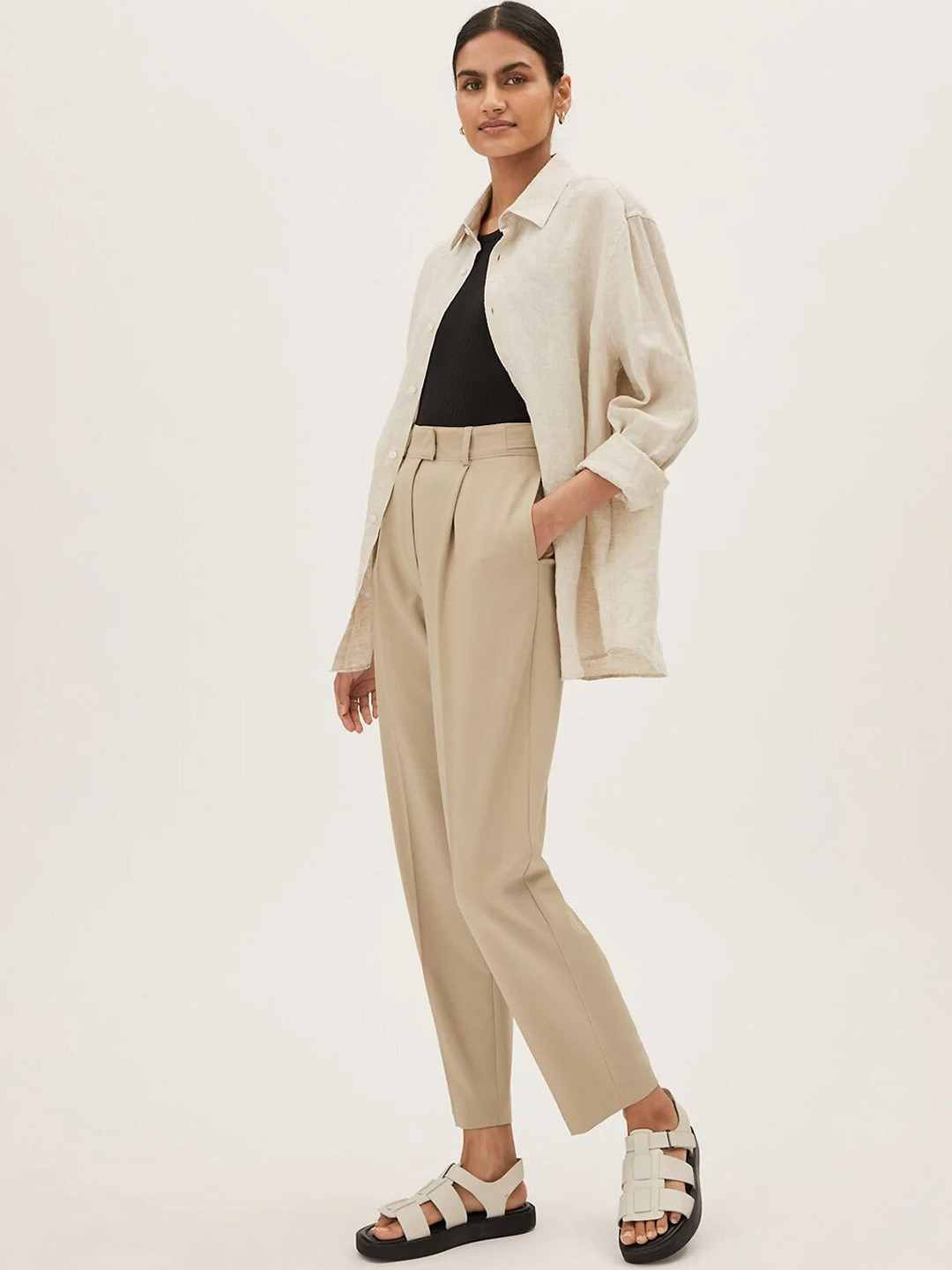

Marks & Spencer Women High-Rise Pleated Trousers, Beige