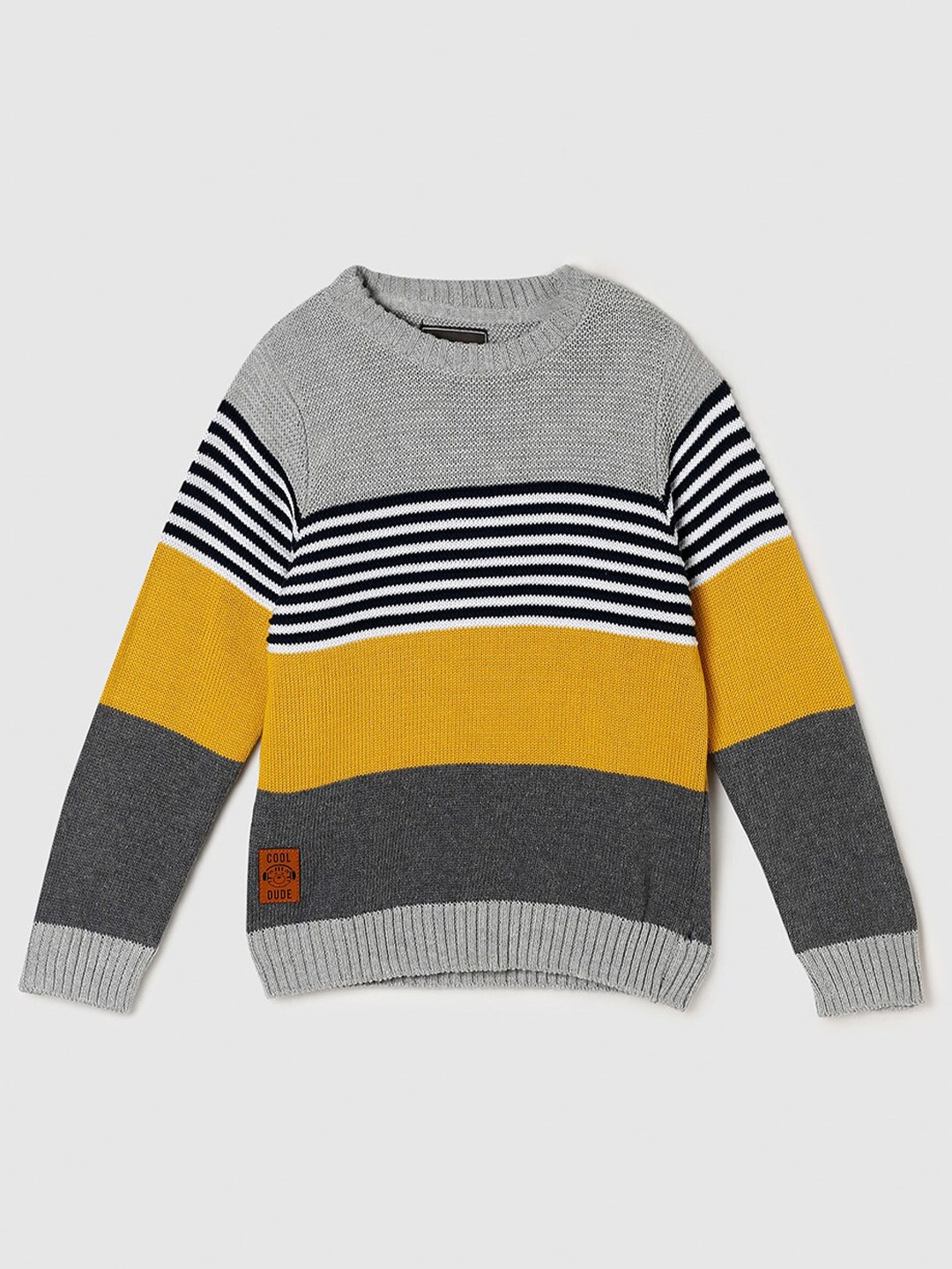 

max Boys Grey & Yellow Striped Pure Cotton Pullover