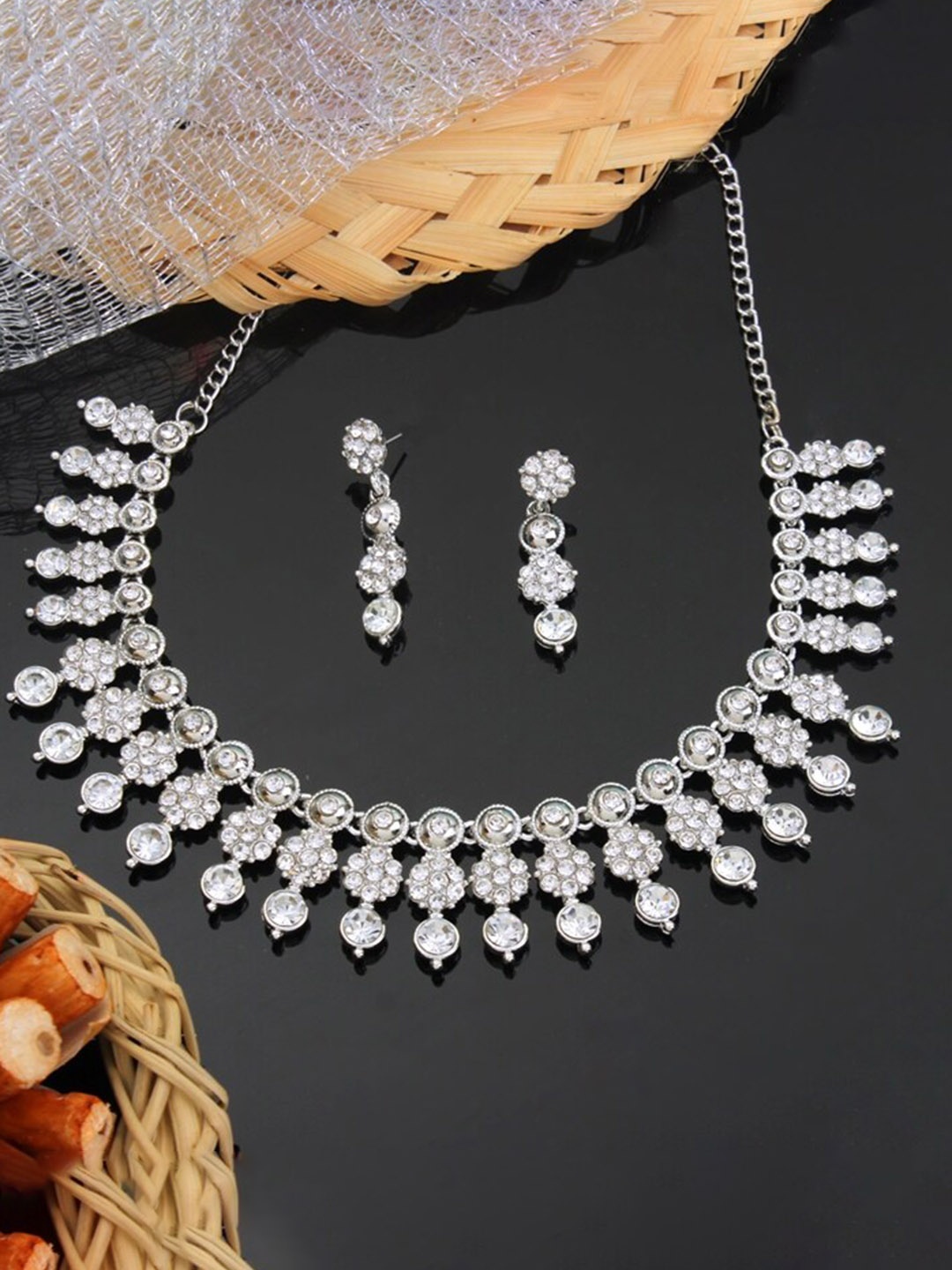 

Atasi International Silver-Plated & White Crystal Studded Jewellery Set