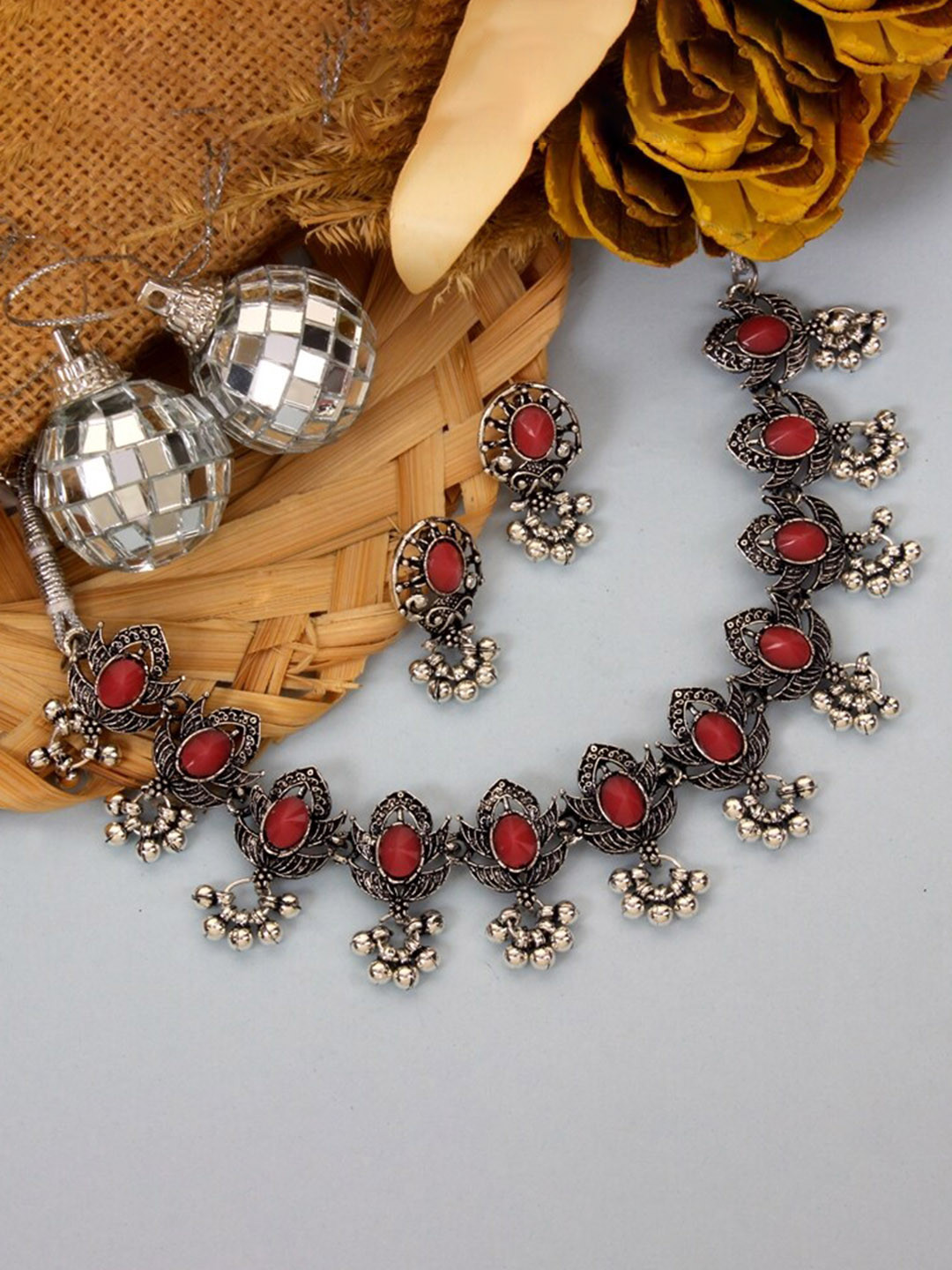 

Atasi International Silver-Toned & Red Crystal Stone-Studded Jewellery Set