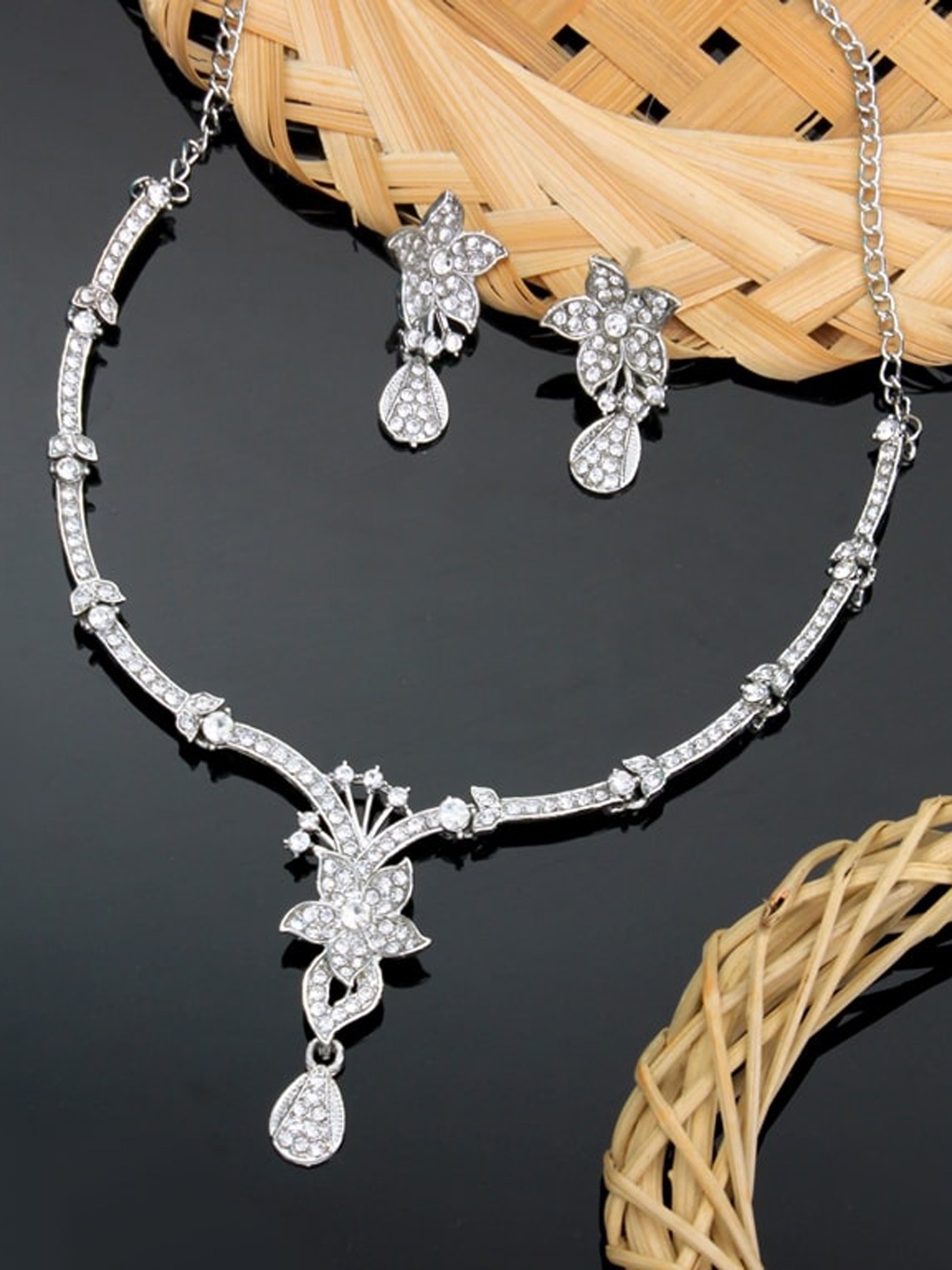 

Atasi International Silver-Plated White Crystal-Studded Jewellery Set