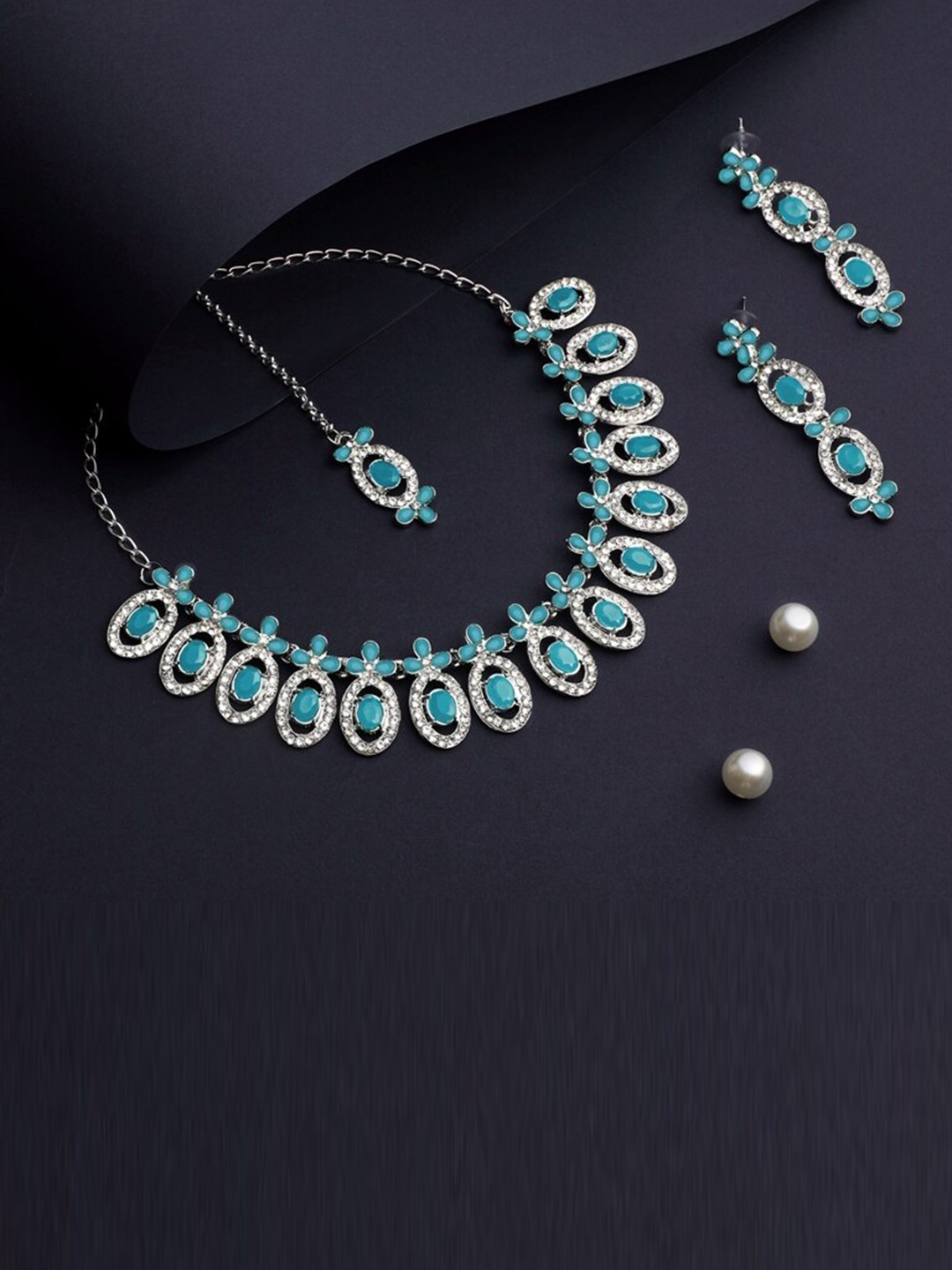 

Atasi International Blue & White Silver-Plated Crystal Studded Jewellery Set