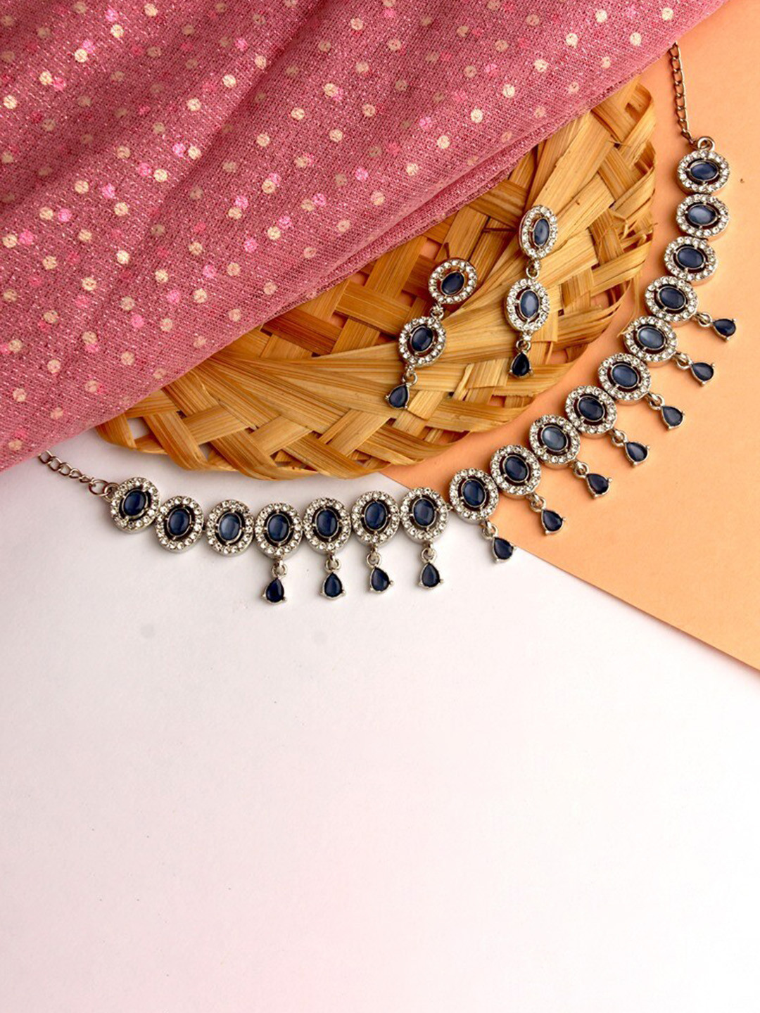 

Atasi International Silver-Plated & Blue Crystal Studded Jewellery Set