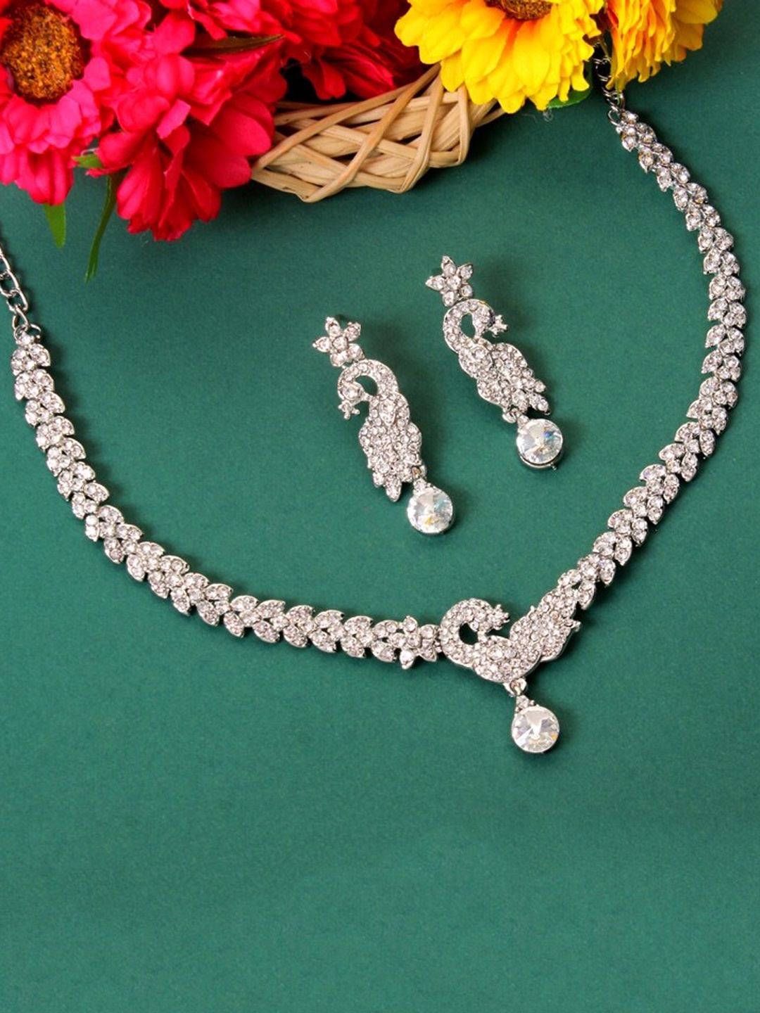 

Atasi International Silver-Plated White Stone-Studded Jewellery Set