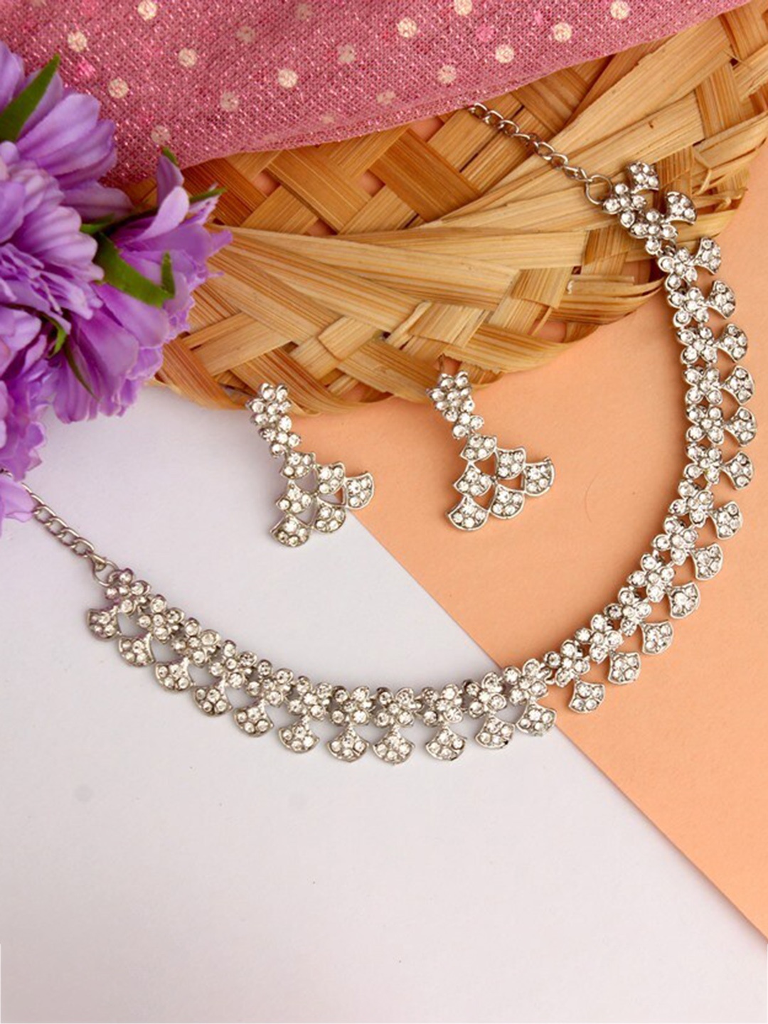 

Atasi International Silver-Plated & White Crystal-Studded Fascinating Designer Jewellery Set