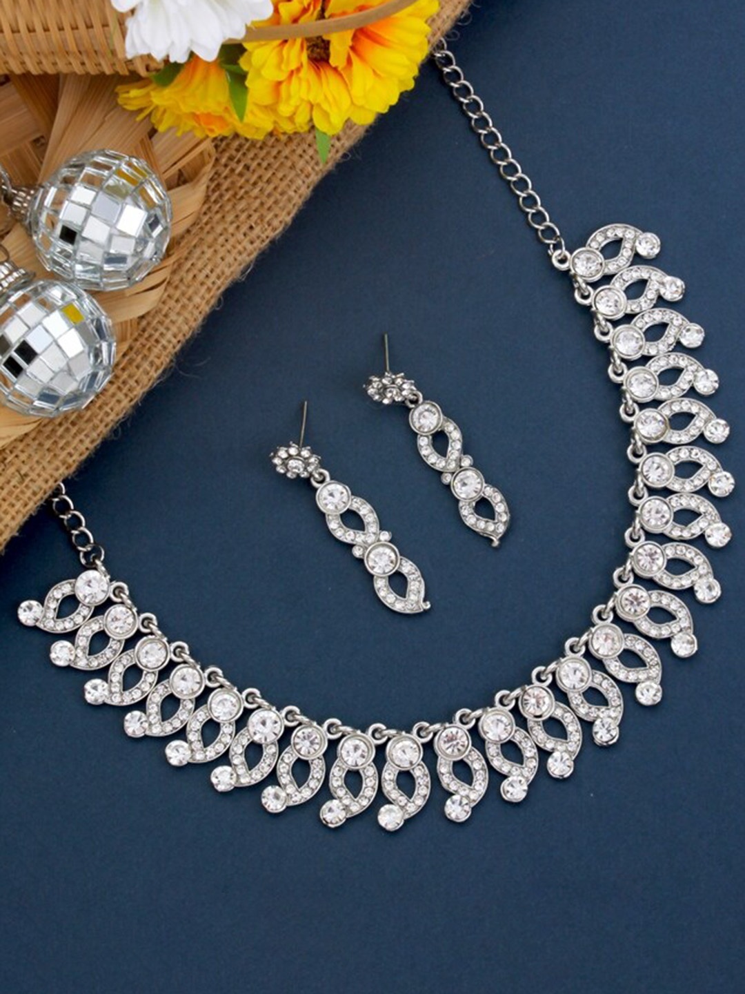 

Atasi International Silver-Plated & White Crystal Studded Jewellery Set