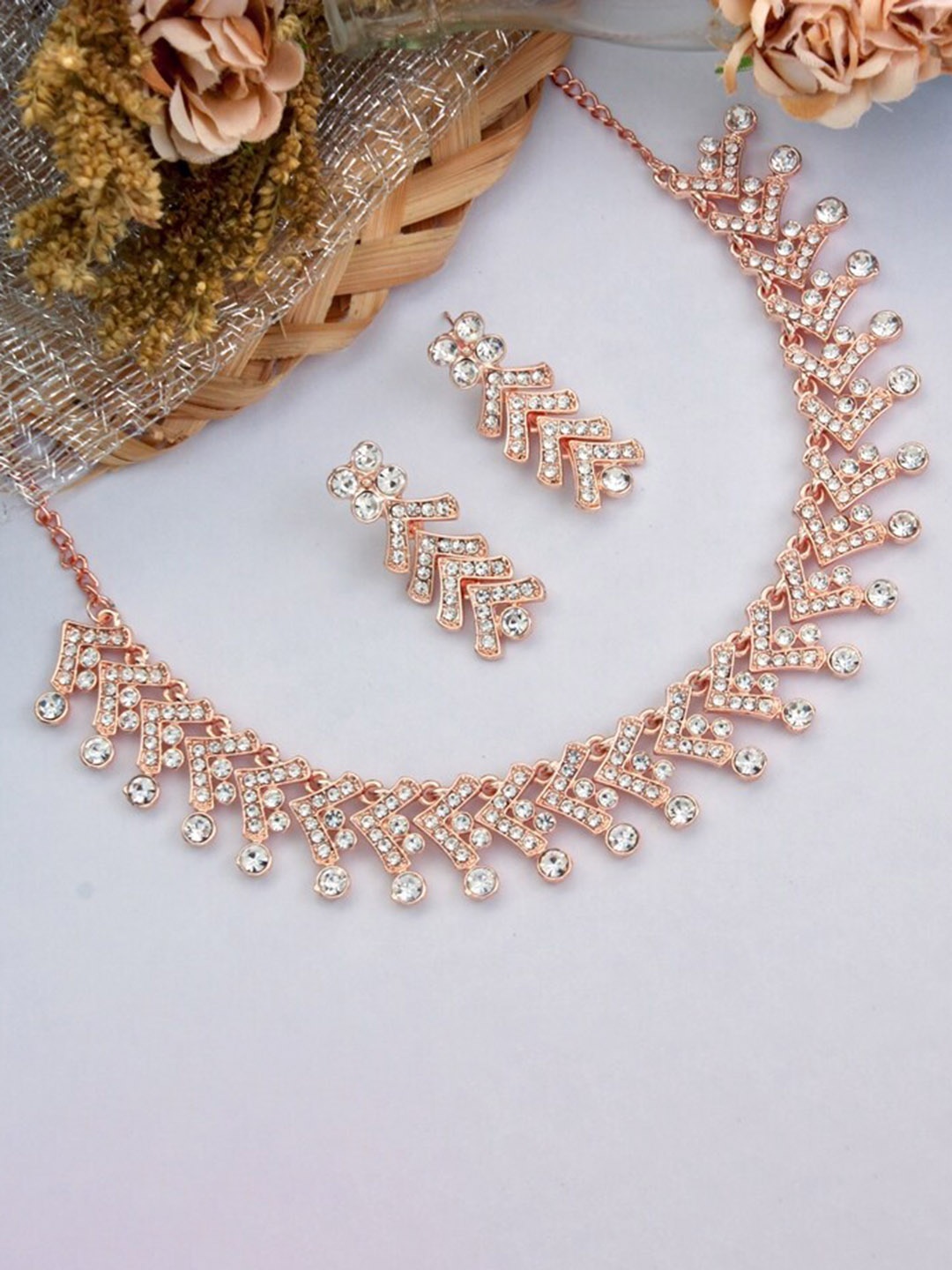 

Atasi International Rose Gold-Plated White Crystal Studded Jewellery Set