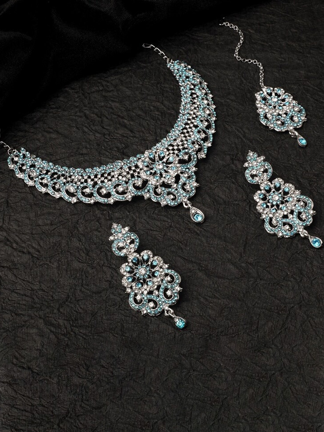 

Atasi International Silver-Plated White & Blue Crystal Studded Jewellery Set
