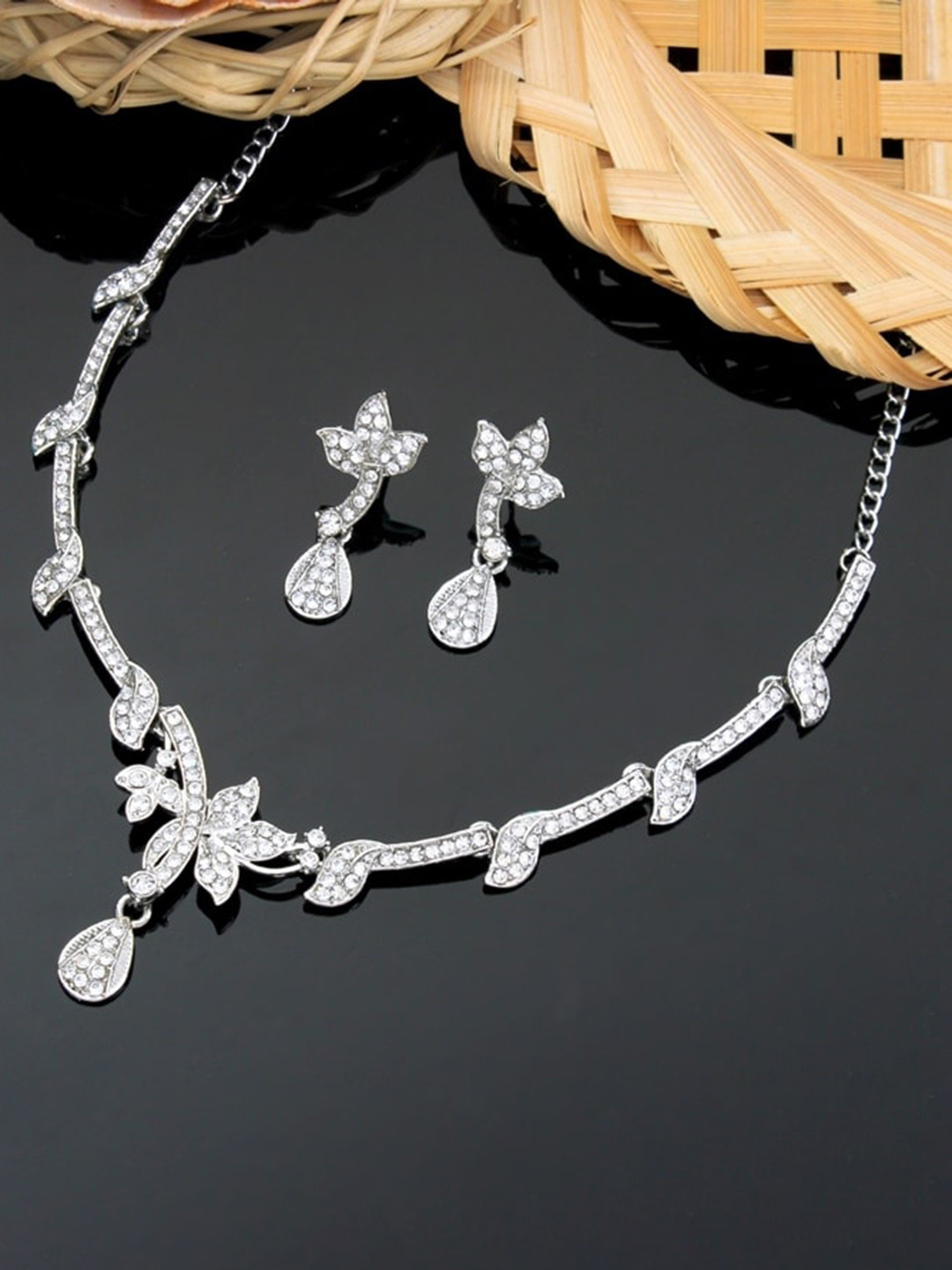

Atasi International Silver-Plated White Crystal-Studded Jewellery Set