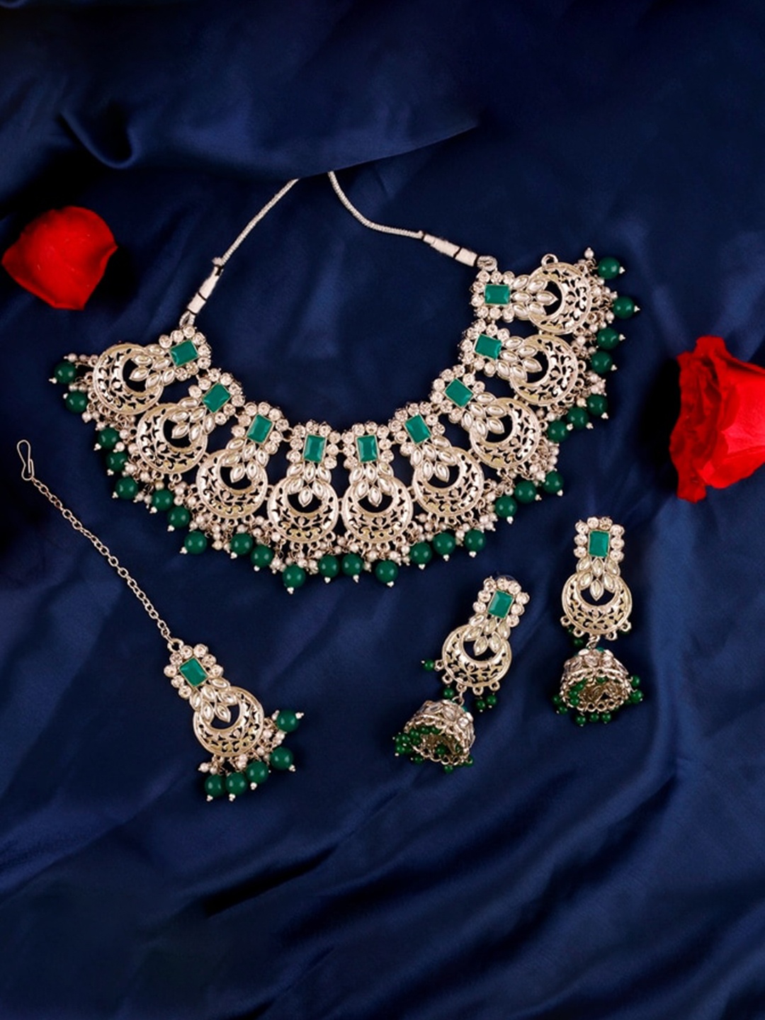 

Atasi International Silver-Plated & Toned Green Stone Studded Jewellery Set