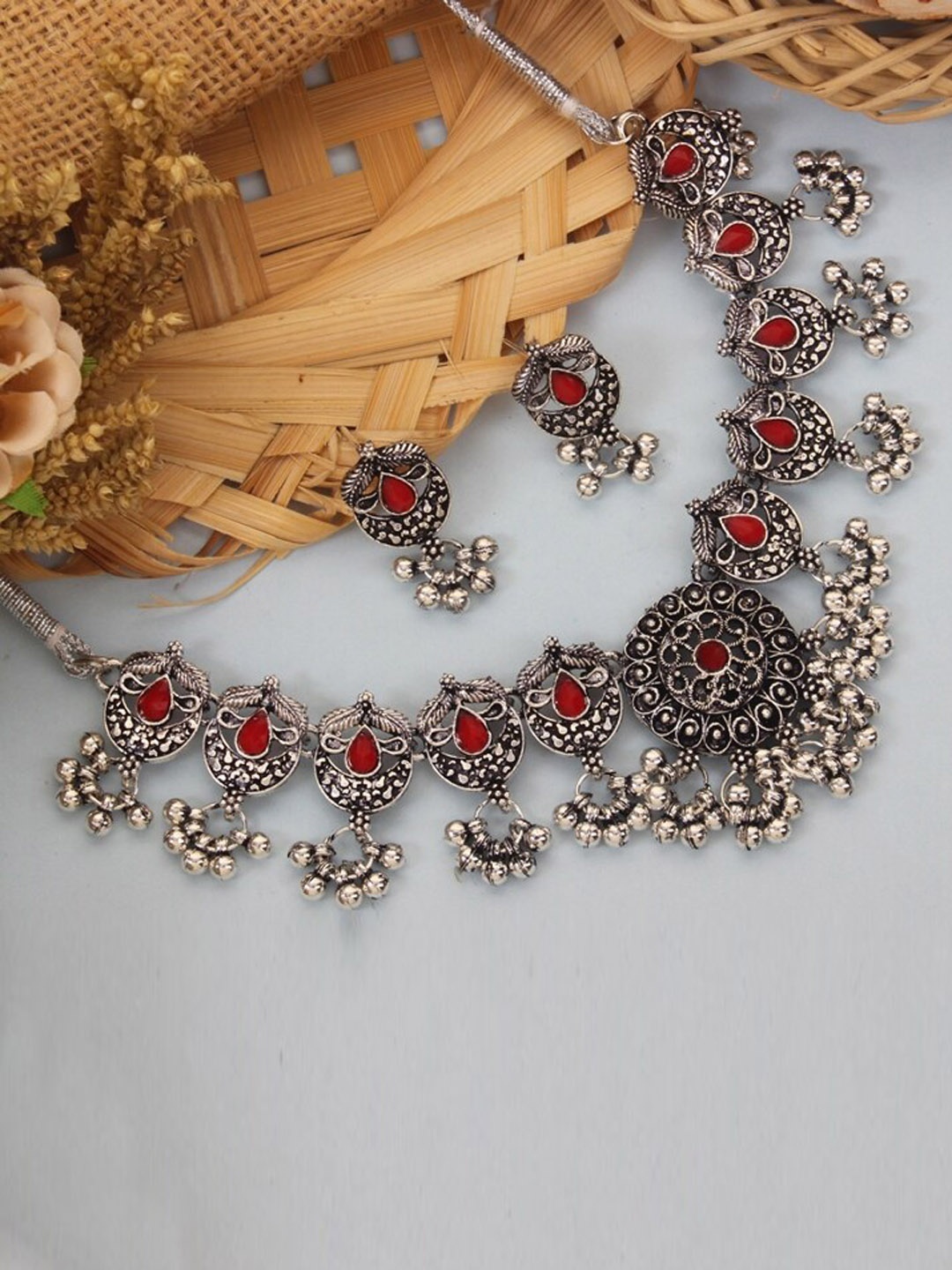 

Atasi International Oxidised Silver-Plated Red Crystal Studded Jewellery Set