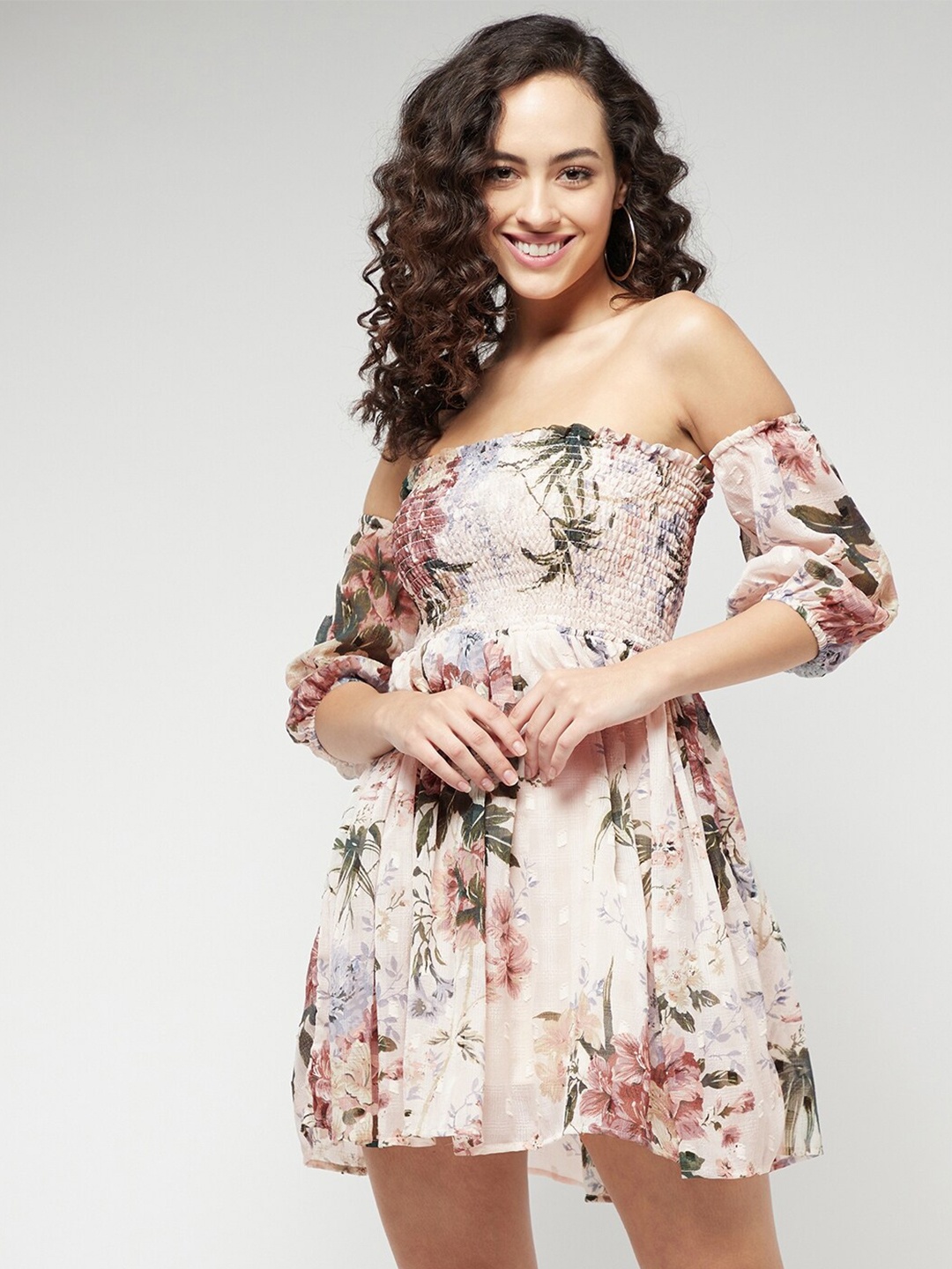 

MAGRE Women Pink & Green Floral Printed Off-Shoulder Fit and Flare Dress