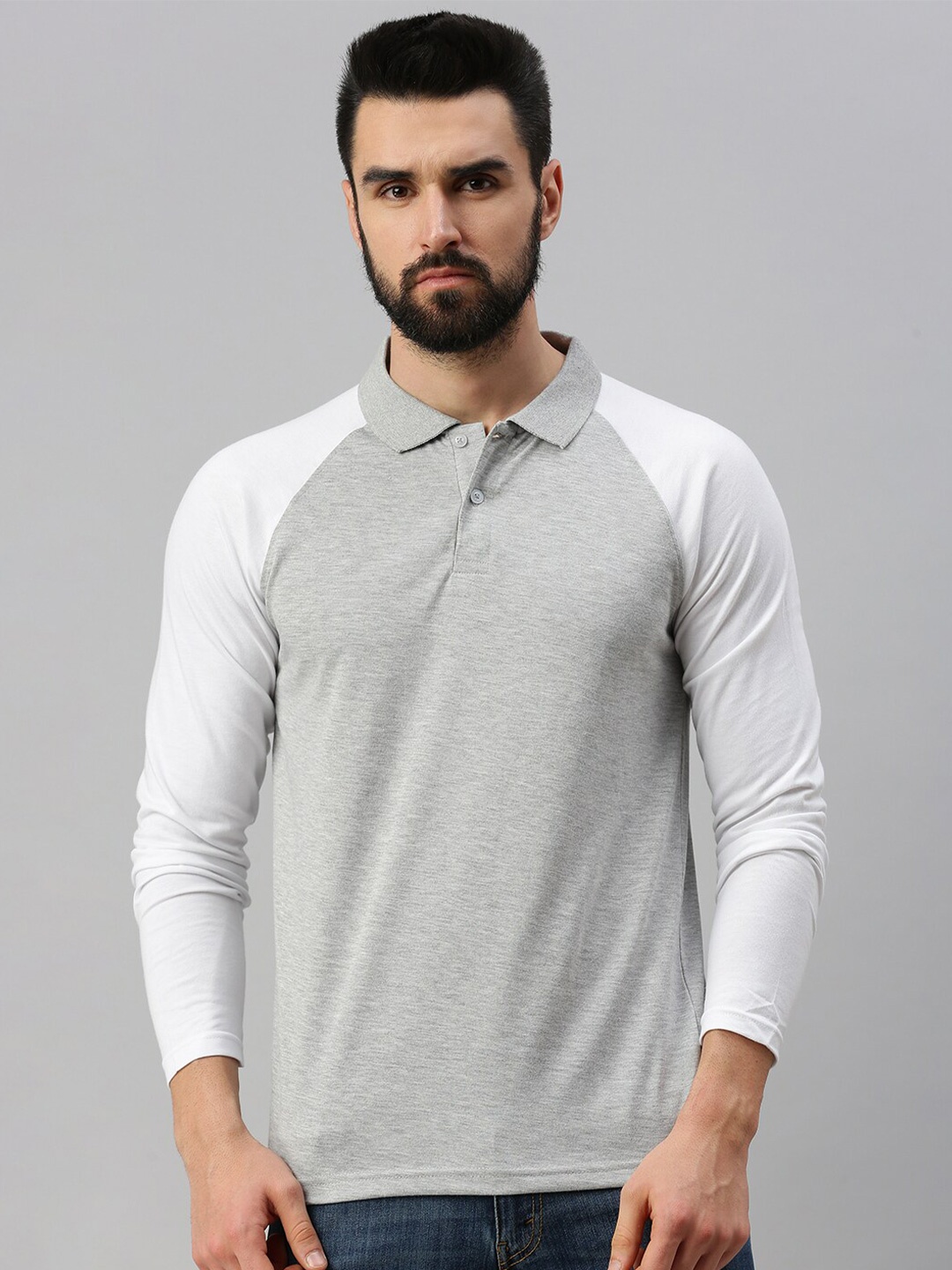 

PEPPYZONE Men White & Grey Colourblocked Polo Collar T-shirt