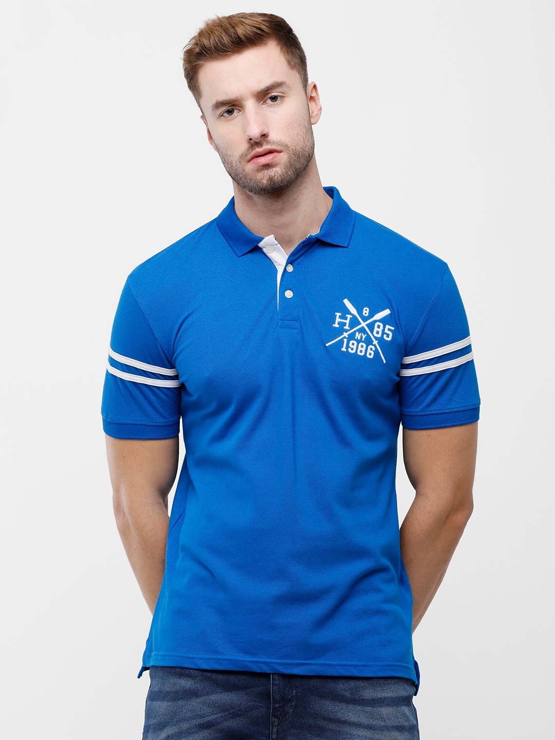 

ARDEUR Men Blue Polo Collar Slim Fit Pure Cotton T-shirt