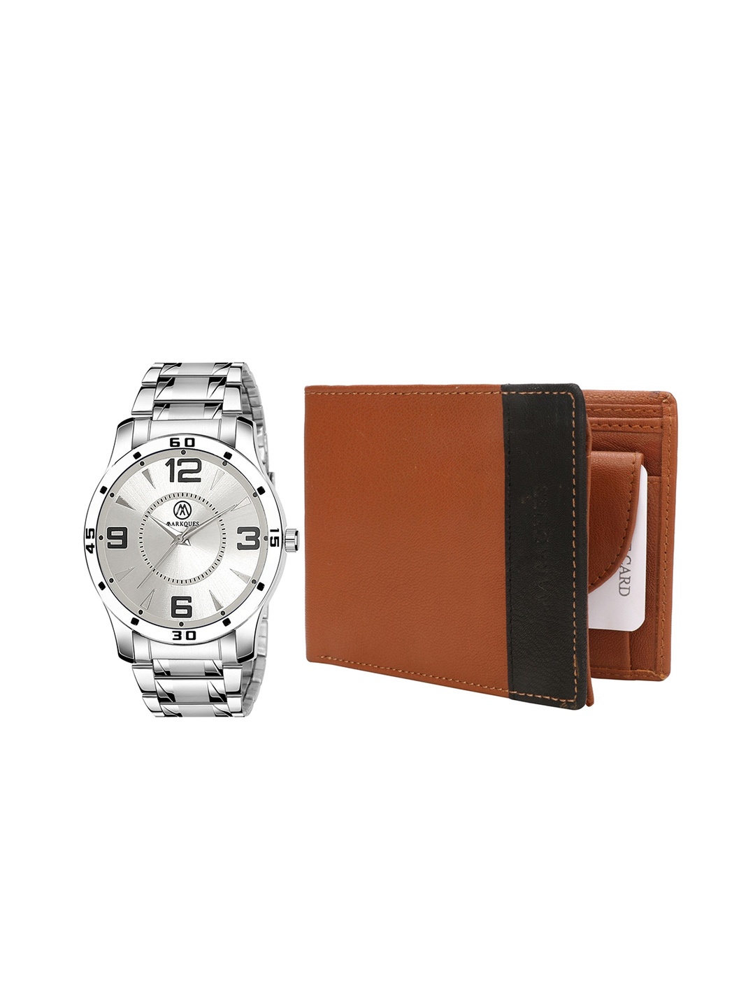 

MARKQUES Set of 2 Men Brown Leather Wallet & Silver Colored Watch Combo Gift Set