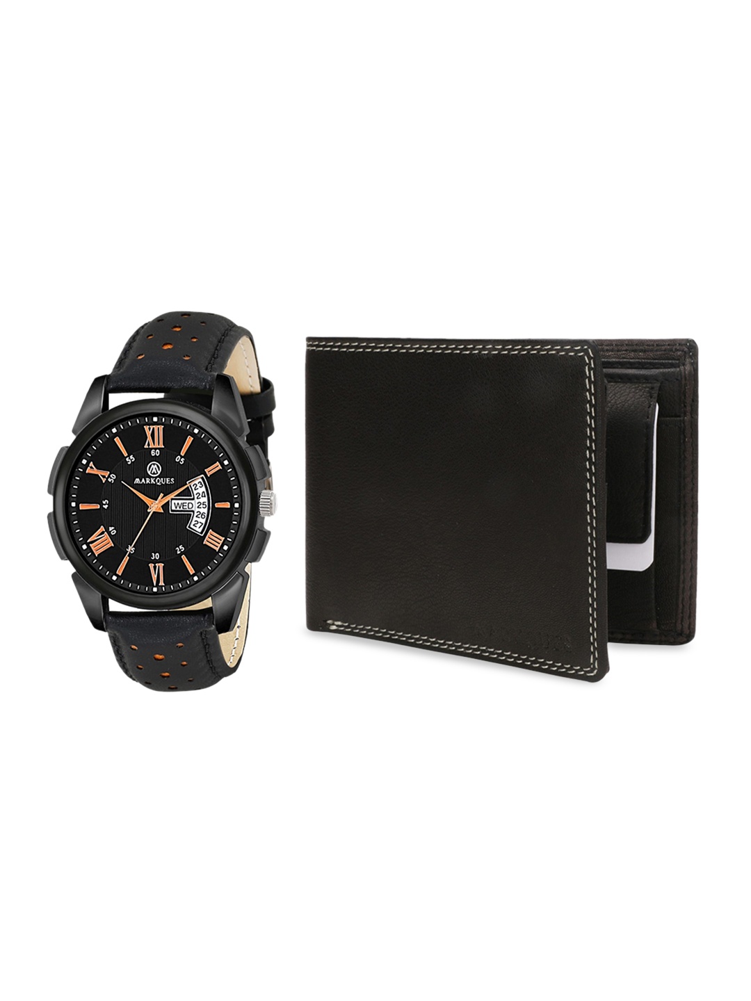 

MARKQUES Set of 2 Men Black Leather Wallet & Watch Combo Gift Set