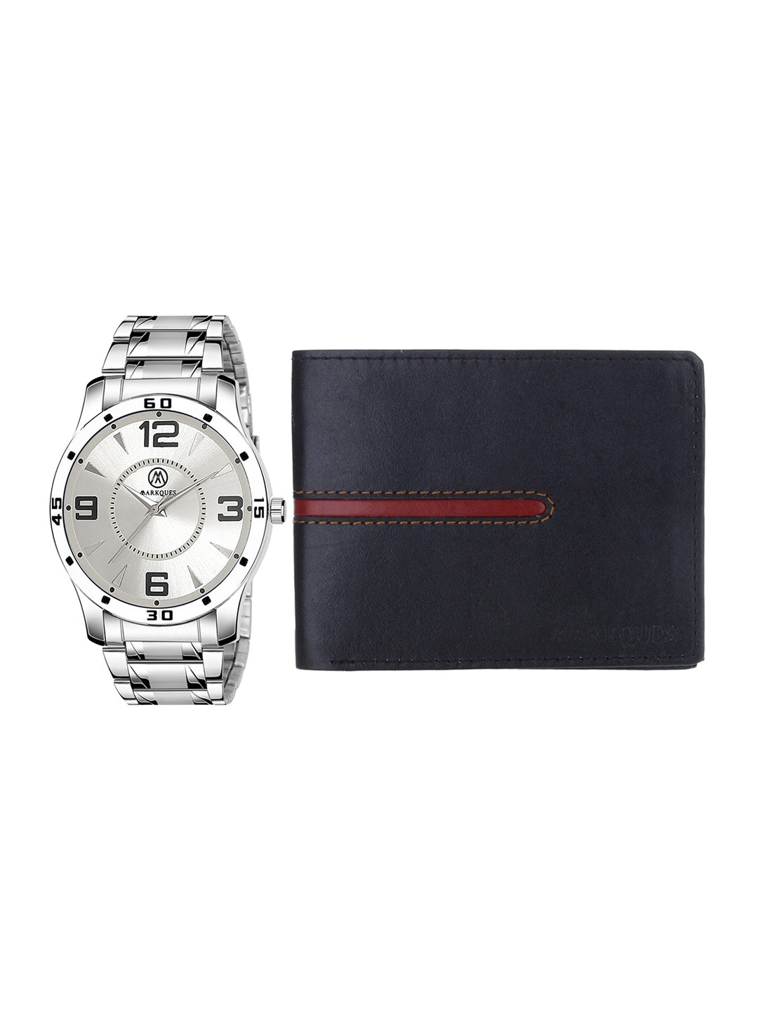 

MARKQUES Men Sliver-Tone & Black Watch and Wallet Combo Accessory Gift Set, Multi