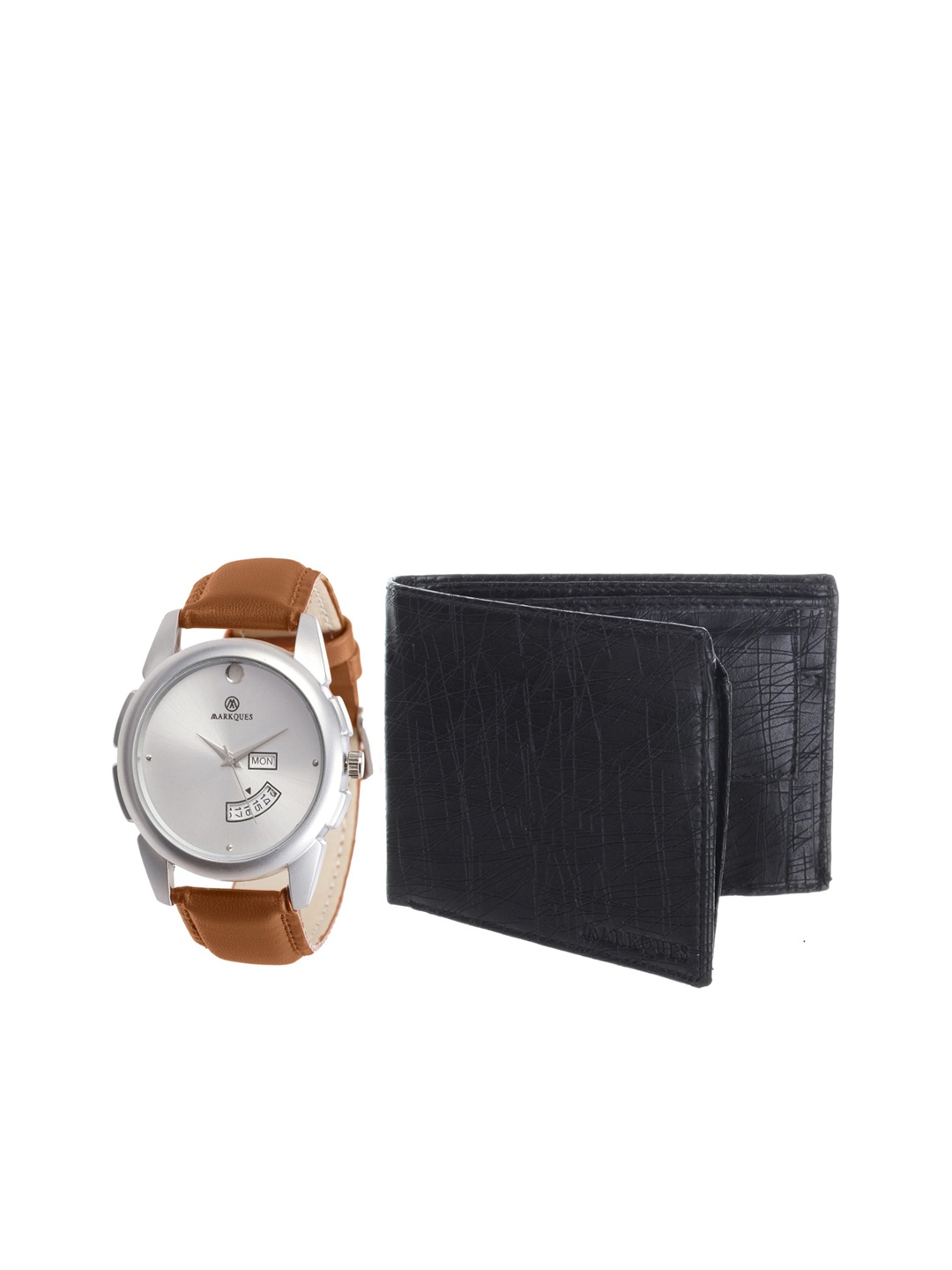 

MARKQUES Set of 2 Men Black Leather Wallet & Brown Watch Combo Gift Set