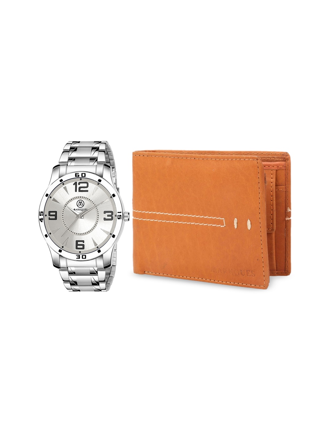 

MARKQUES Men Tan Colored Solid Leather Accessory Gift Set BON-770909-VIN-4404, Silver