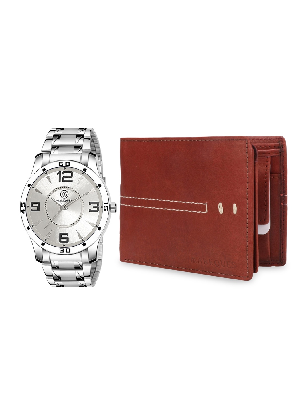 

MARKQUES Men Brown & Silver-Toned Solid Leather Accessory Gift Set
