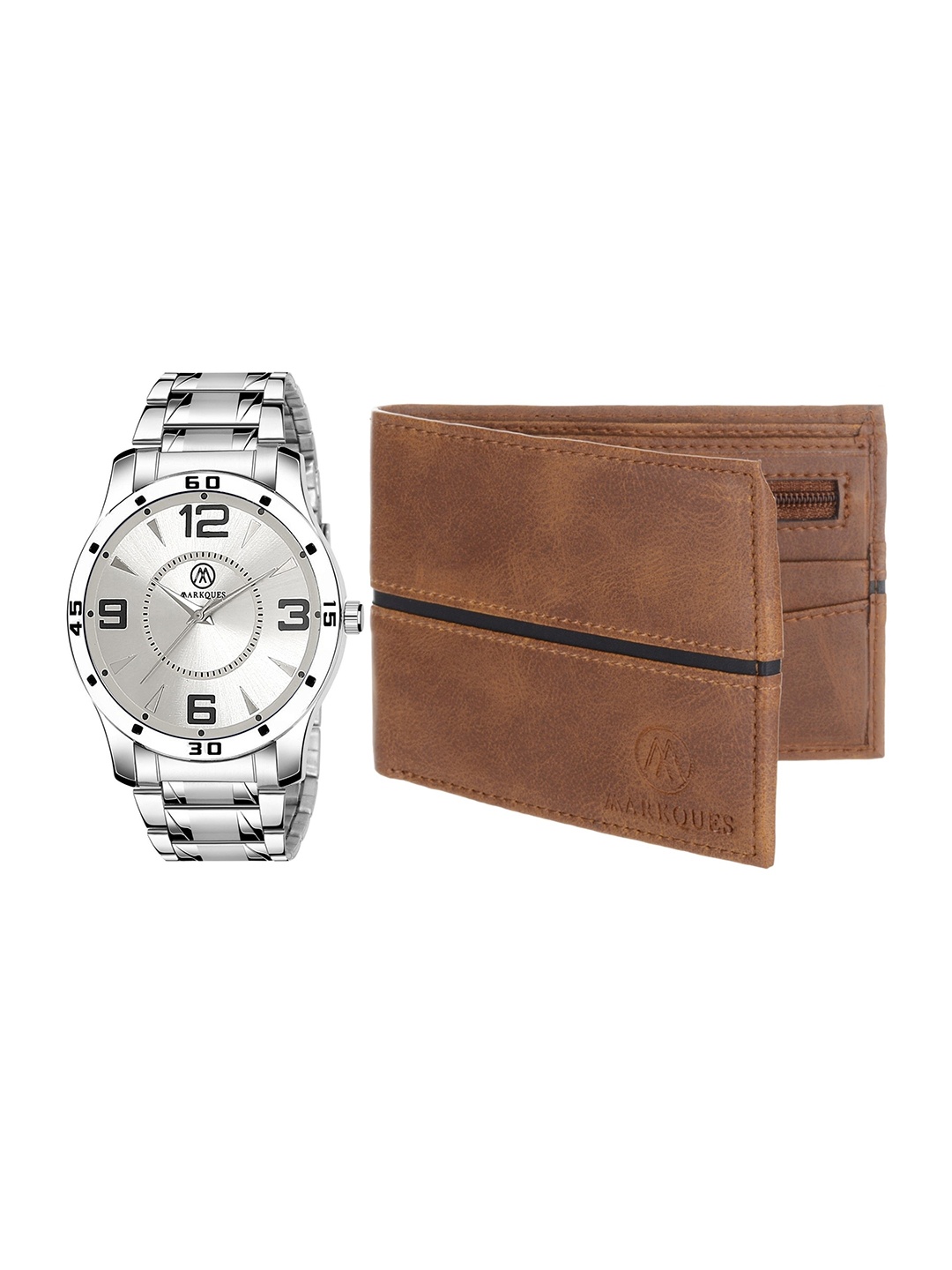 

MARKQUES Men Silver-Toned & Brown Solid Leather Accessory Gift Set