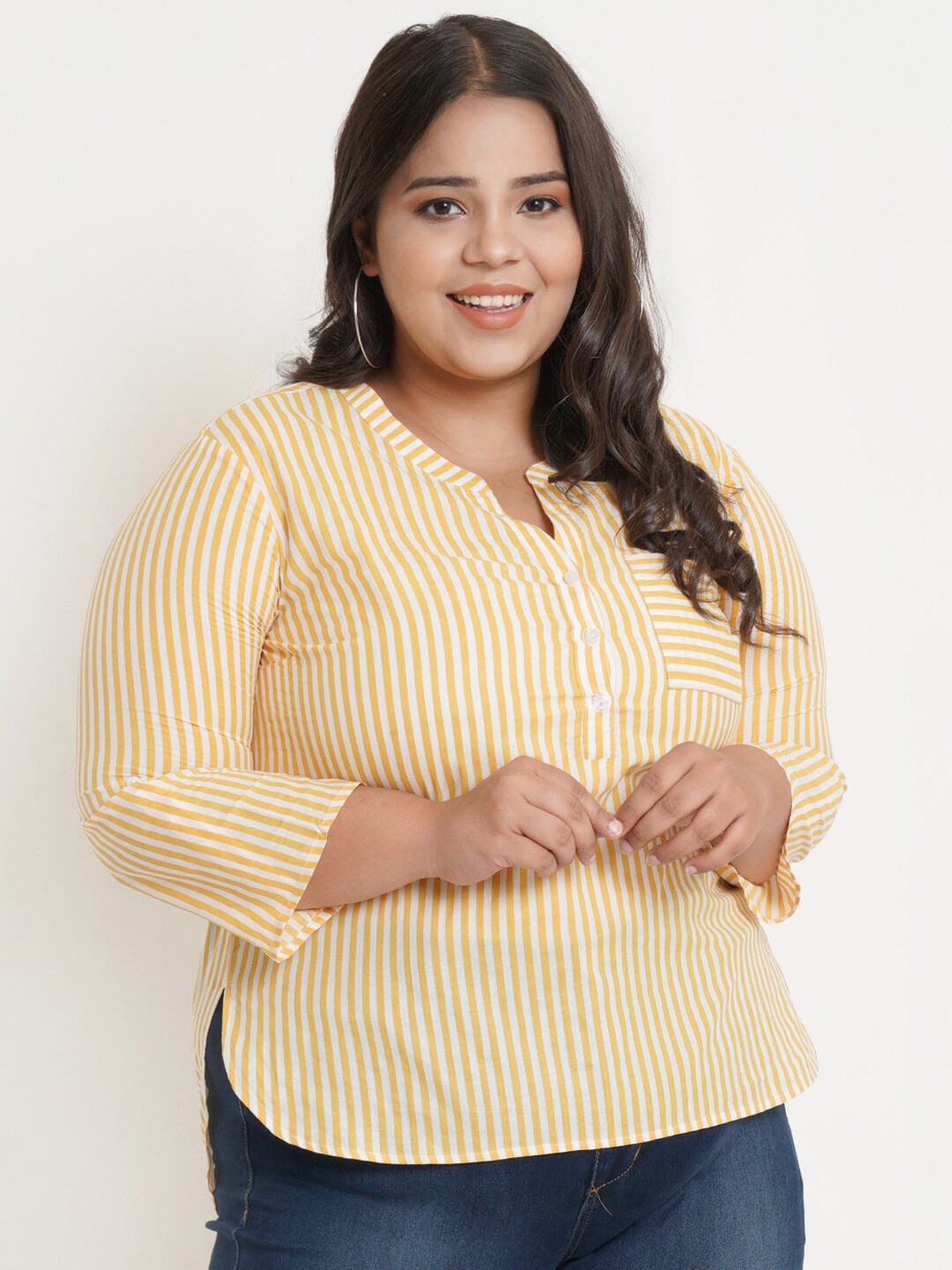 

IX IMPRESSION Women Plus Size Yellow & White Striped Pure Cotton Mandarin Collar Top